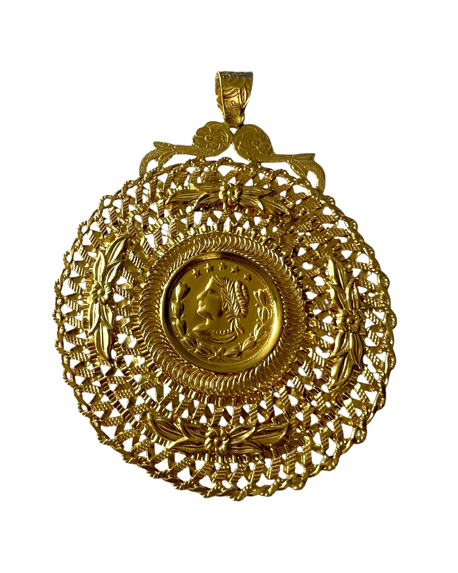 Medalha Imagem Libra em Prata Dourada, design tradicional com a imagem de Libra, feito em prata dourada.