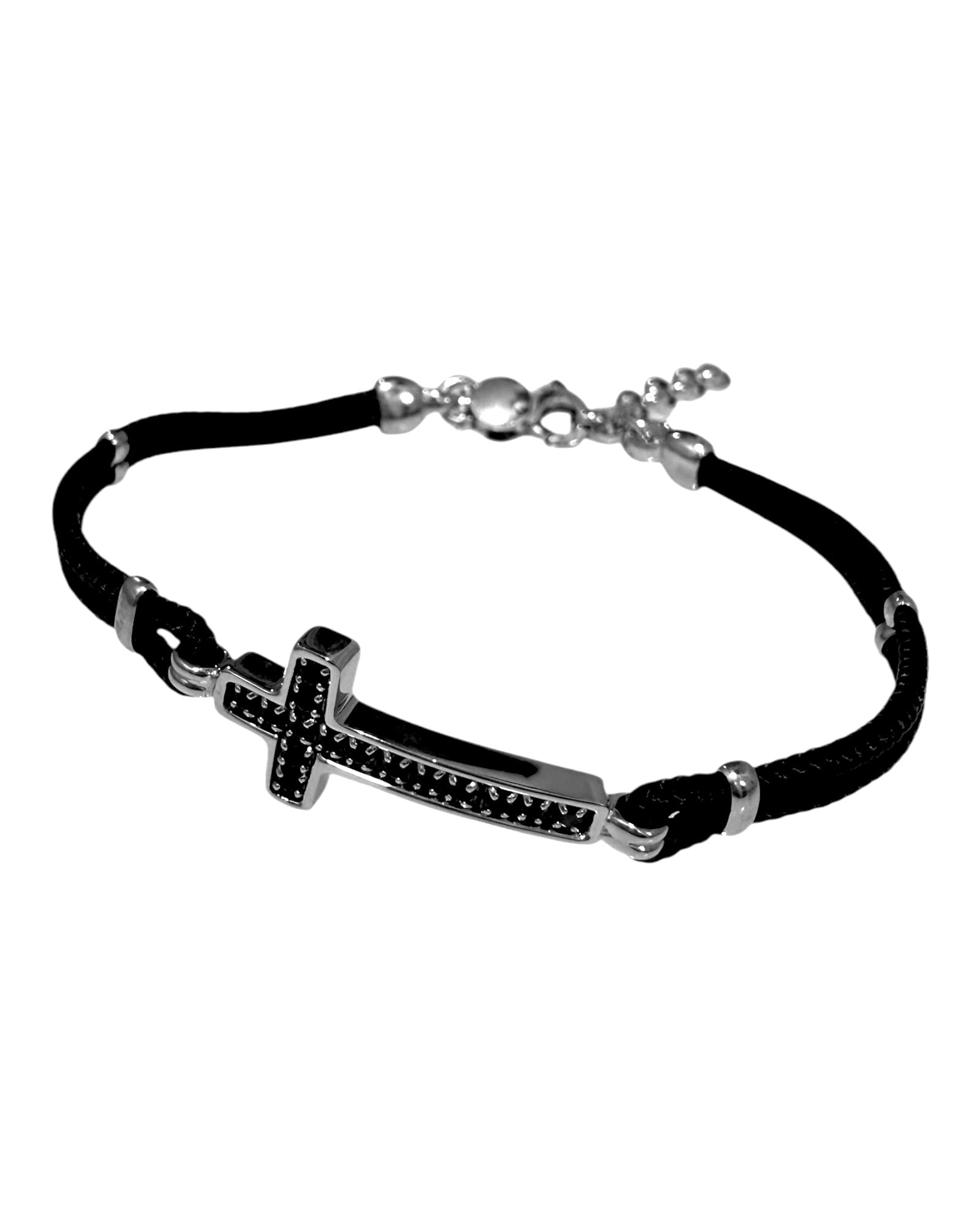 Pulseira com Cruz Pedras Pretas em Prata