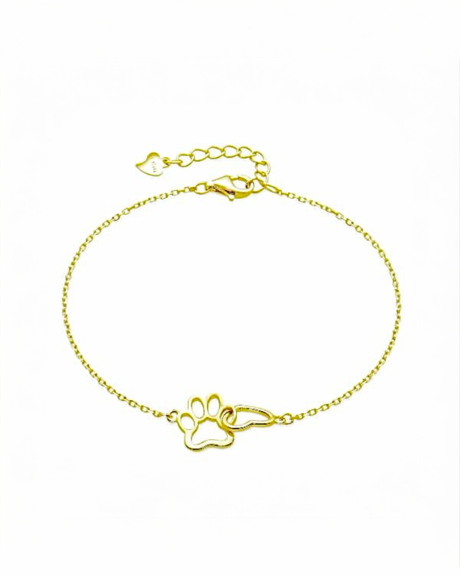 Pulseira Patinha e Coração em Prata Dourada