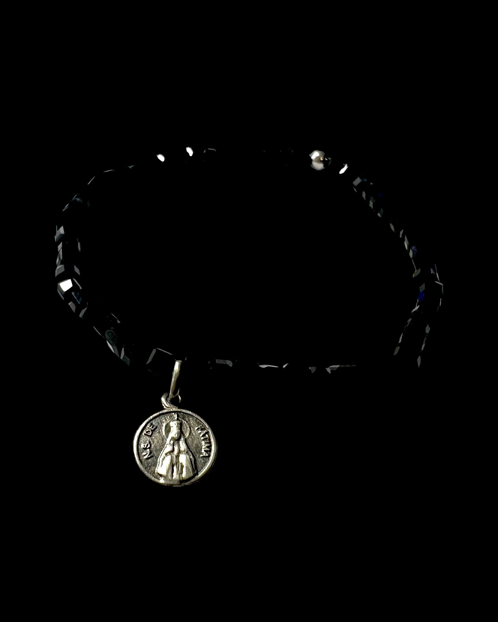 Black Stone Bracelet with Our Lady of Fatima in Silver