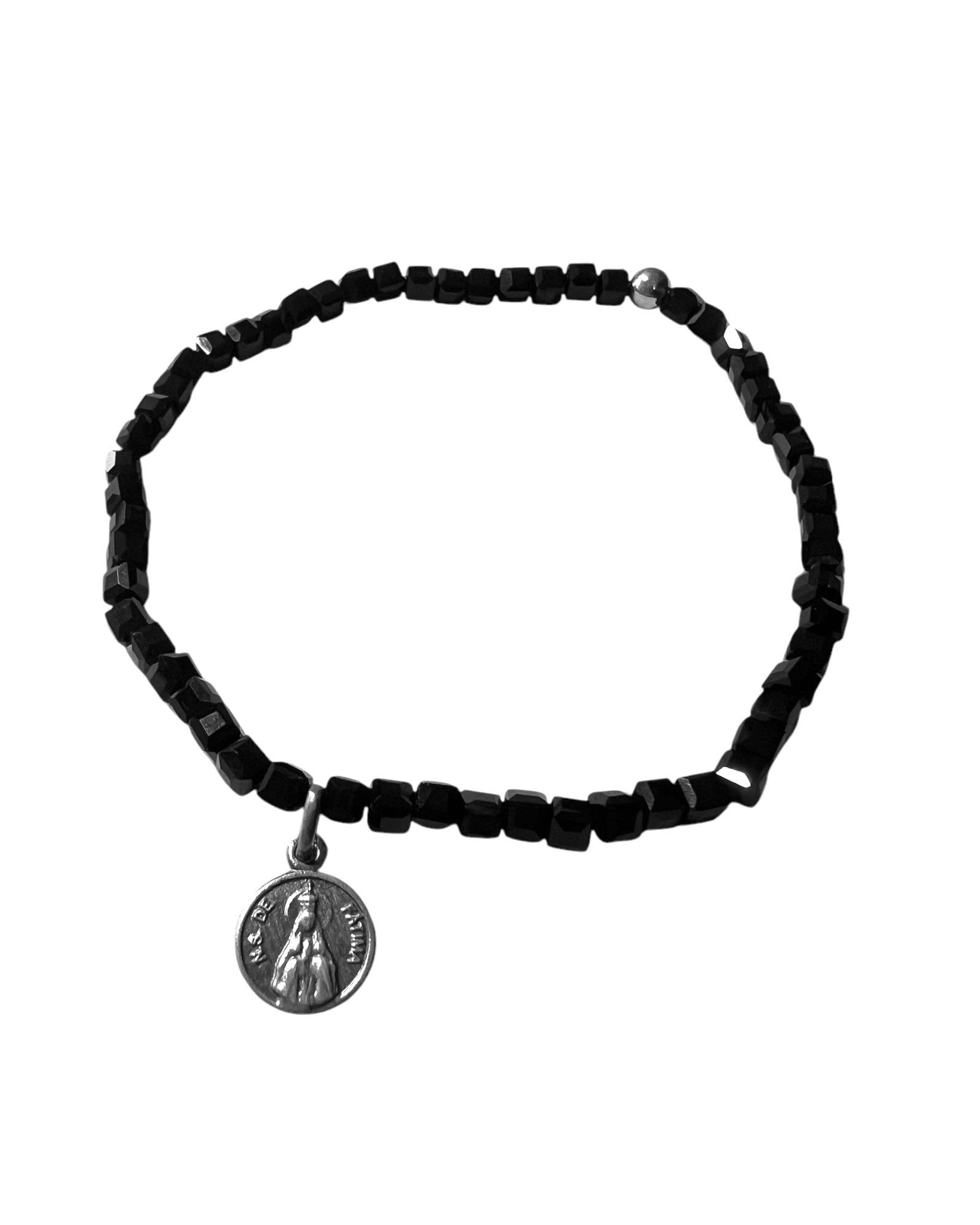 Black Stone Bracelet with Our Lady of Fatima in Silver