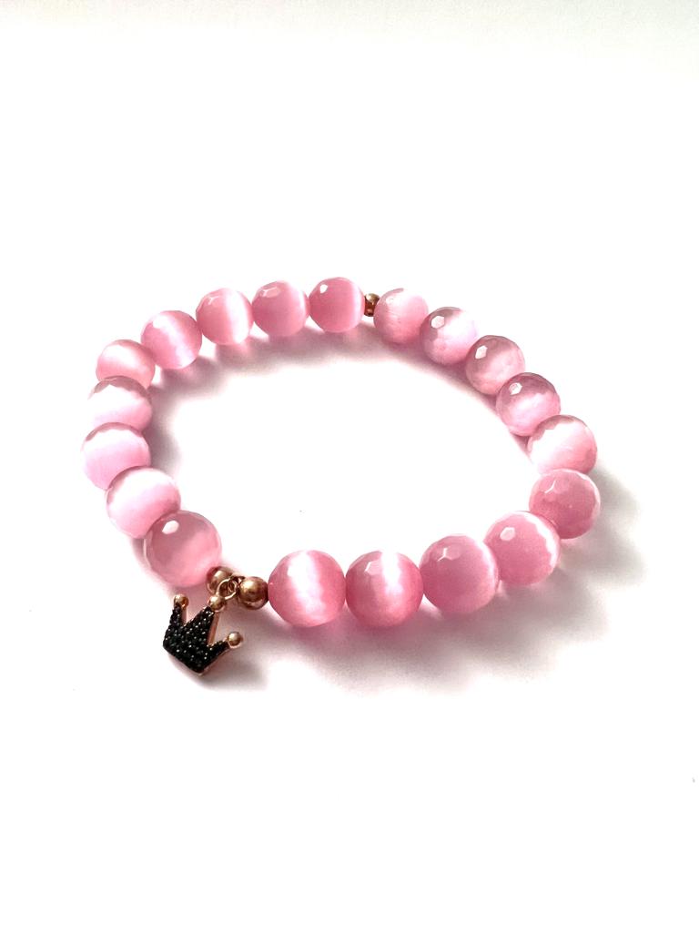 Pulseira Coroa Pedras Rosas em Prata Rosa