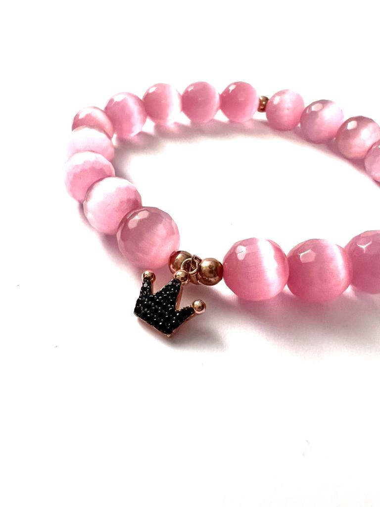 Pulseira Coroa Pedras Rosas em Prata Rosa