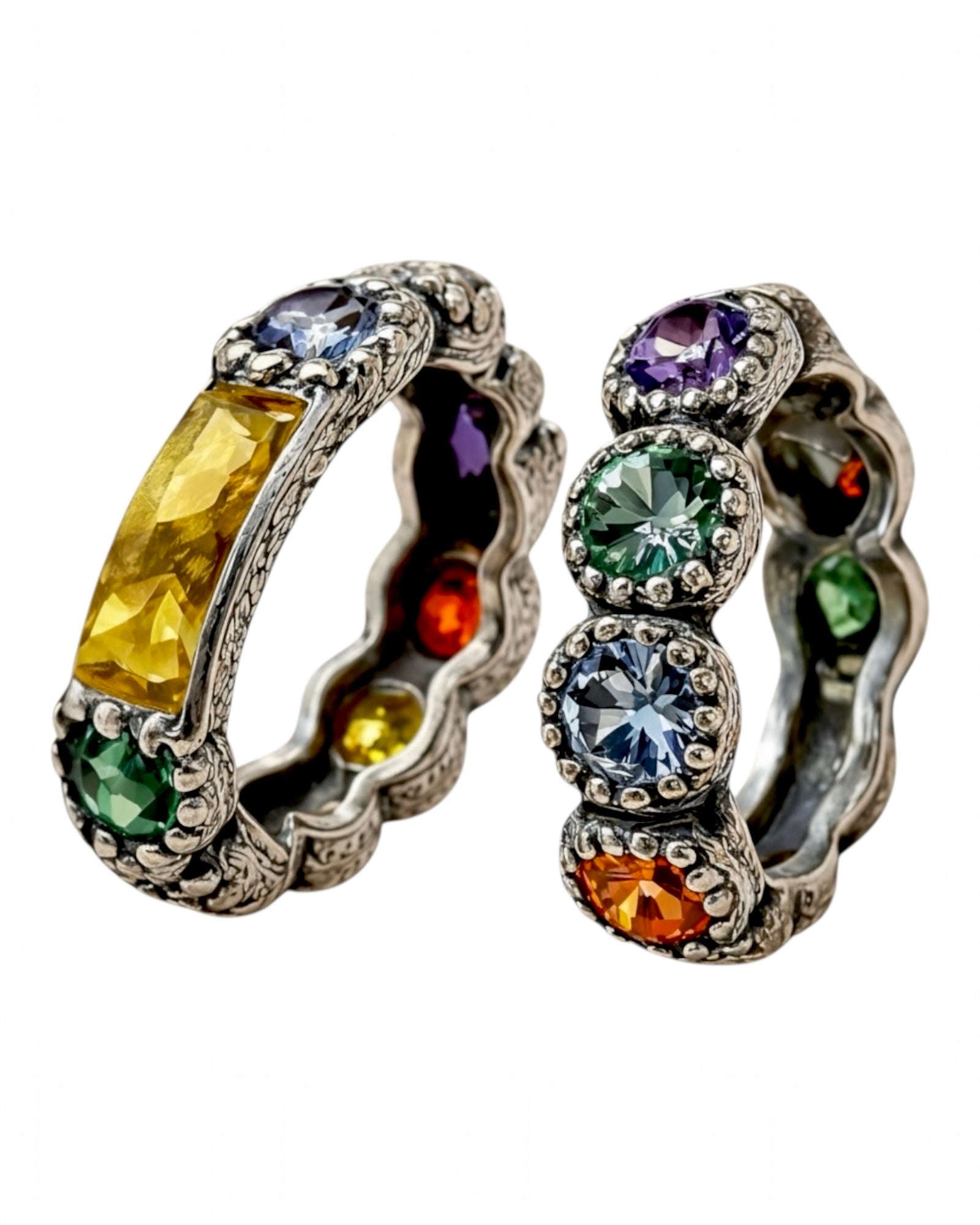 Silver and gold ring with colored stones.