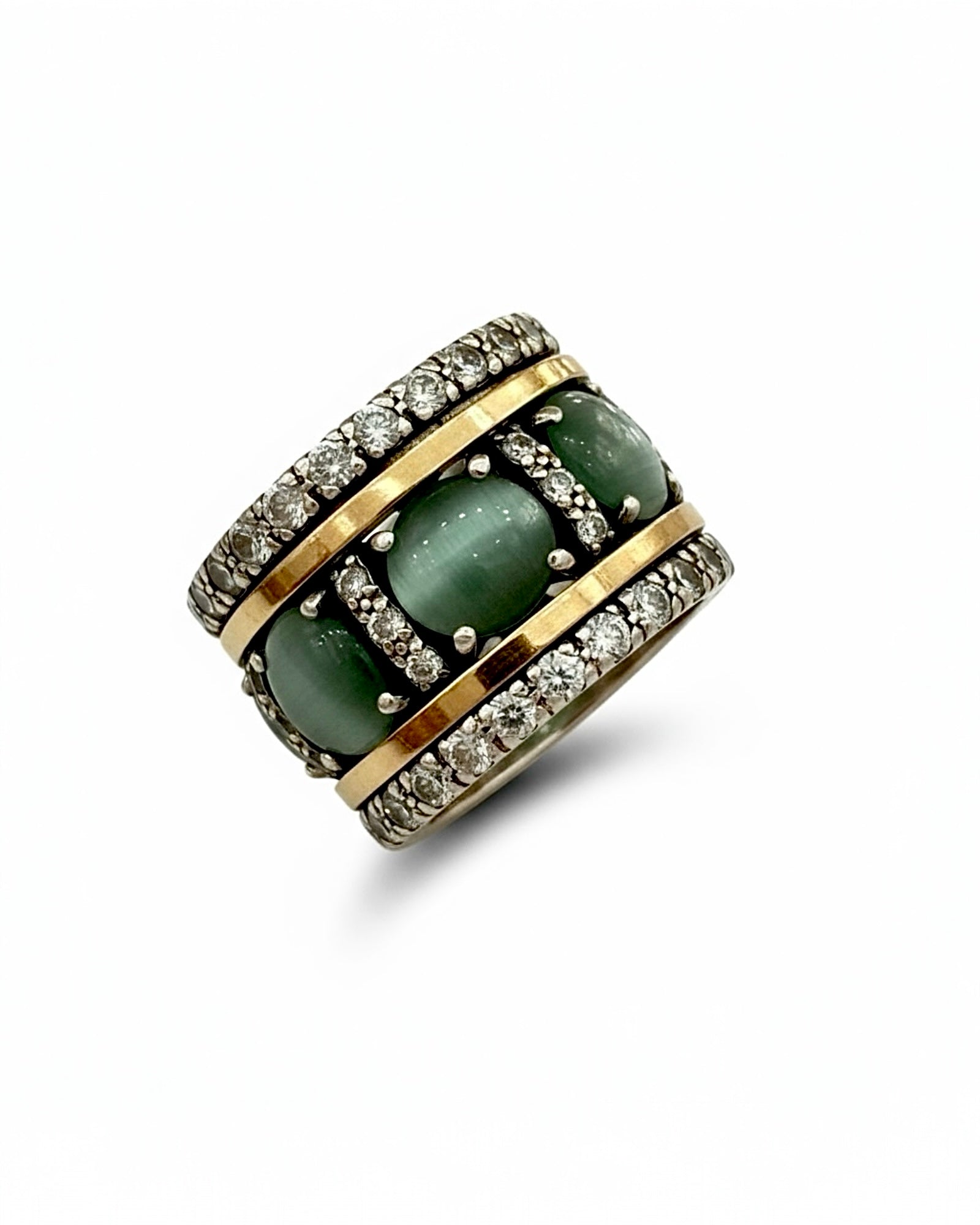 Anel Anti-Stress com Pedra Verde em Prata e Ouro