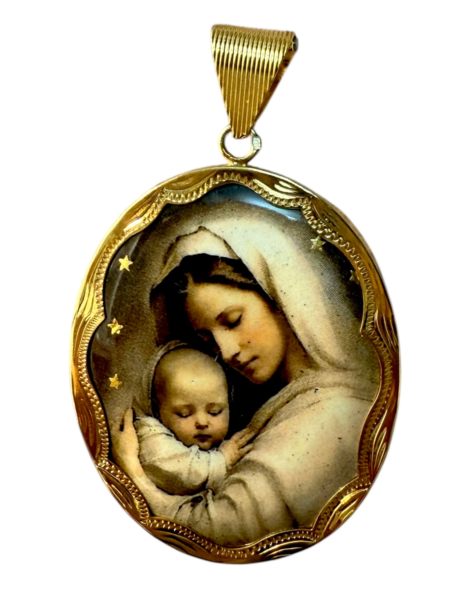 Medalha Mãe Divina com Esmalte a Cores Claras em Prata Dourada