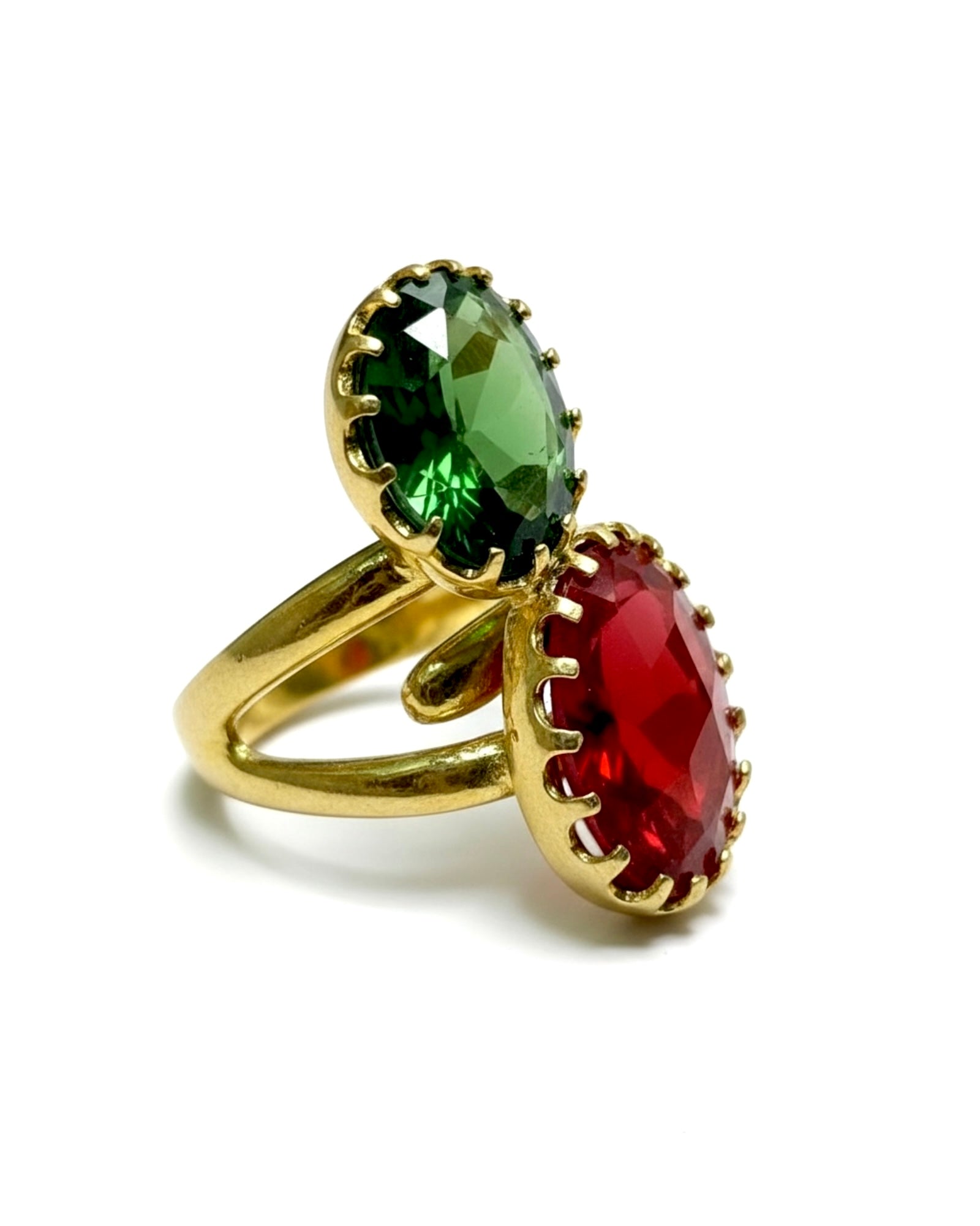 Green and Red Drop Ring in Gold-Plated Silver