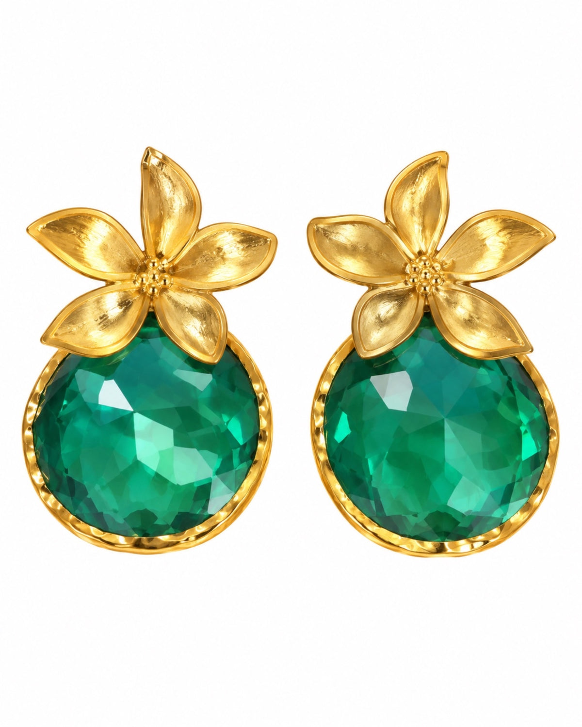 Brincos Flores com Pedra Verde em Prata Dourada