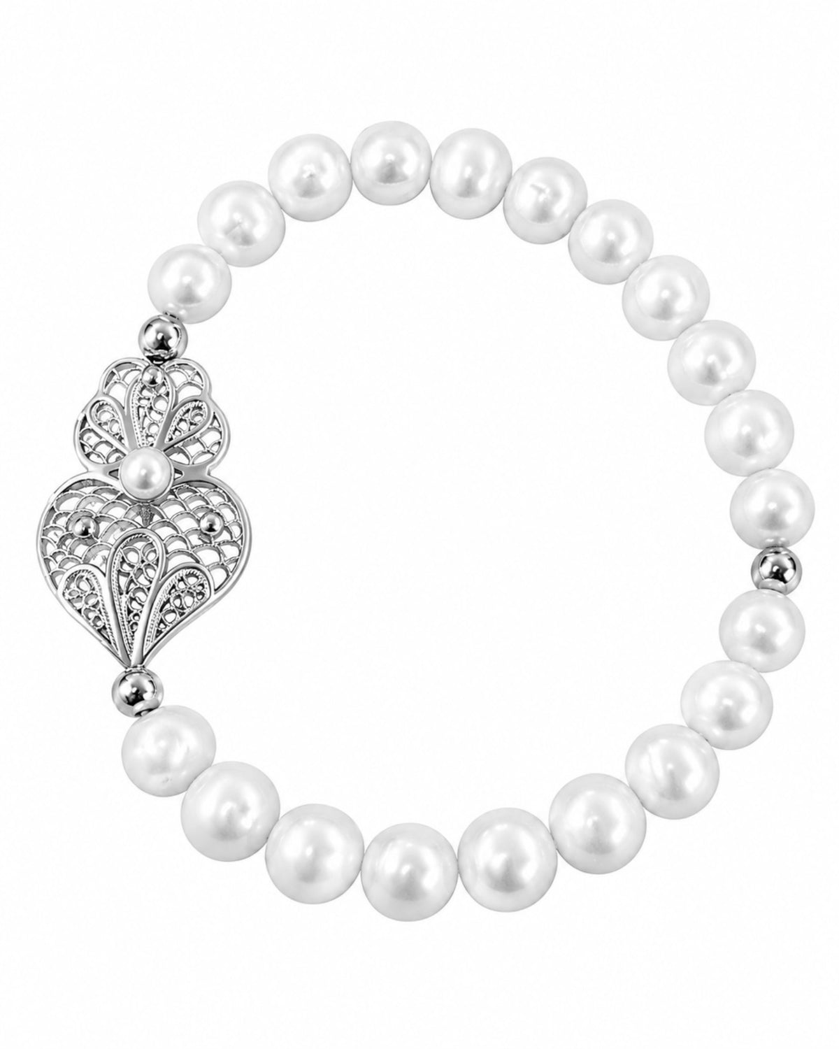 Pulseira de Pérolas com Coração de Viana em Prata