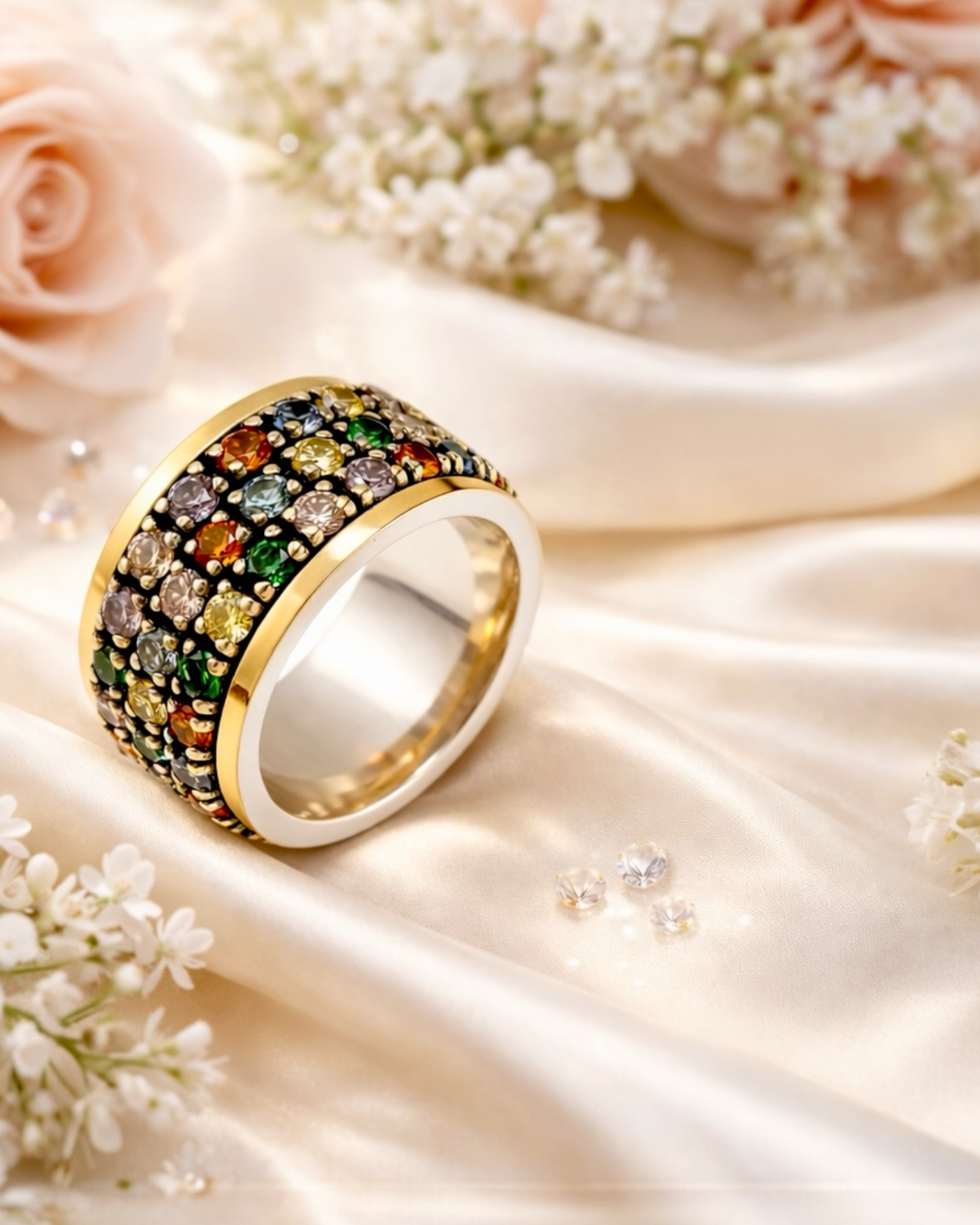 Three-Row Colorful Anti-Stress Ring in Silver and Gold