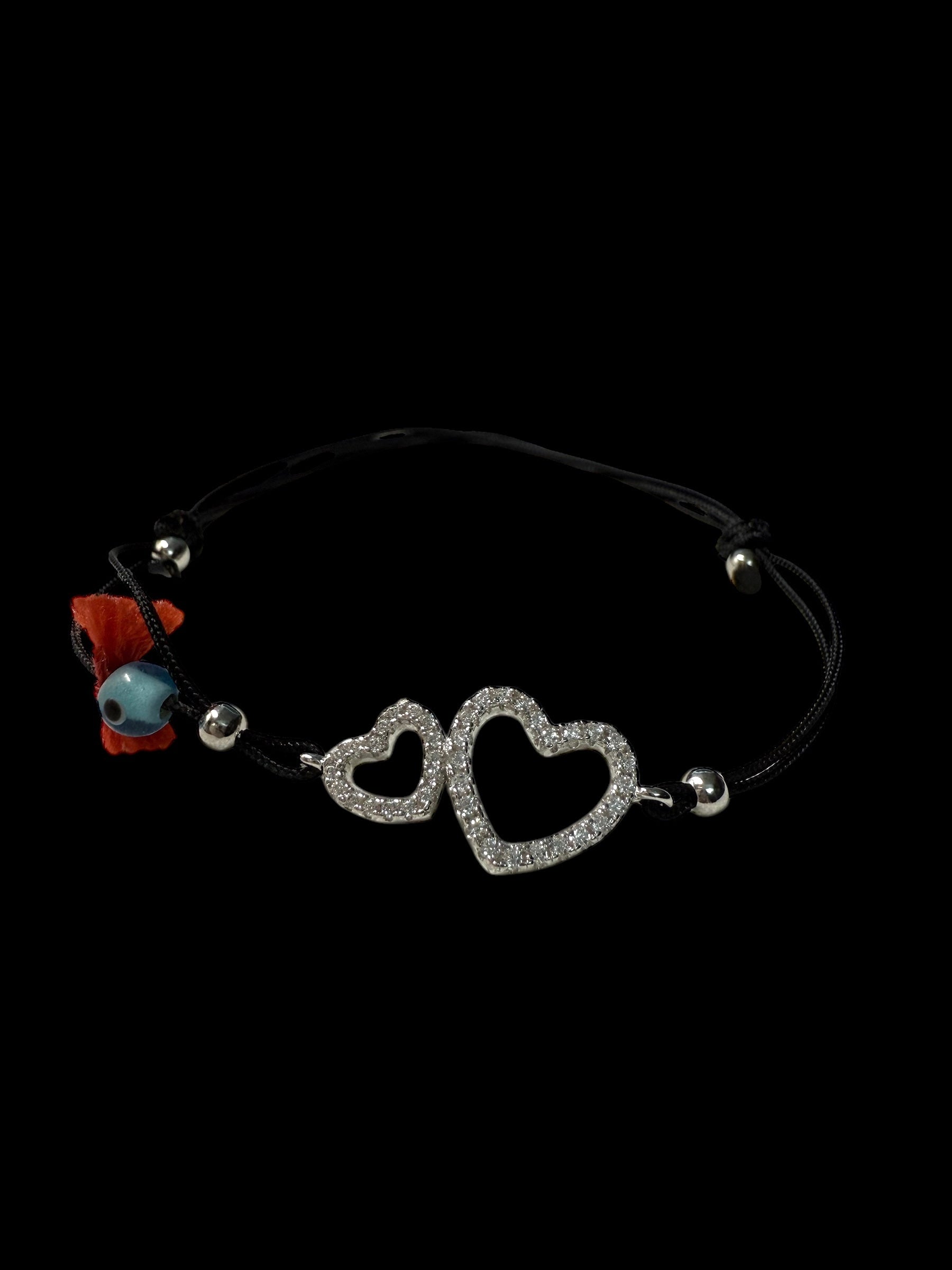 Pulseira Seda Corações em Prata Branca