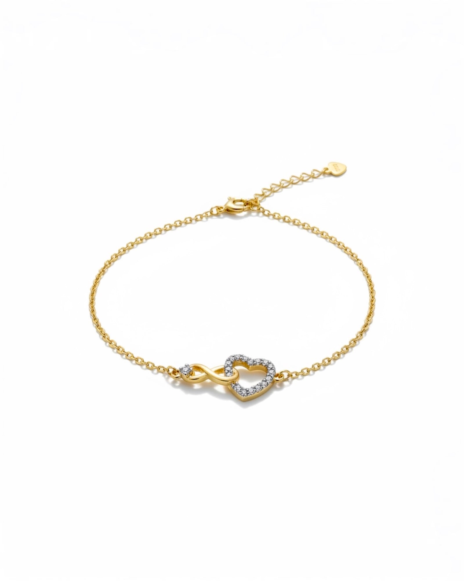 Pulseira Infinito e Coração em Prata Dourada