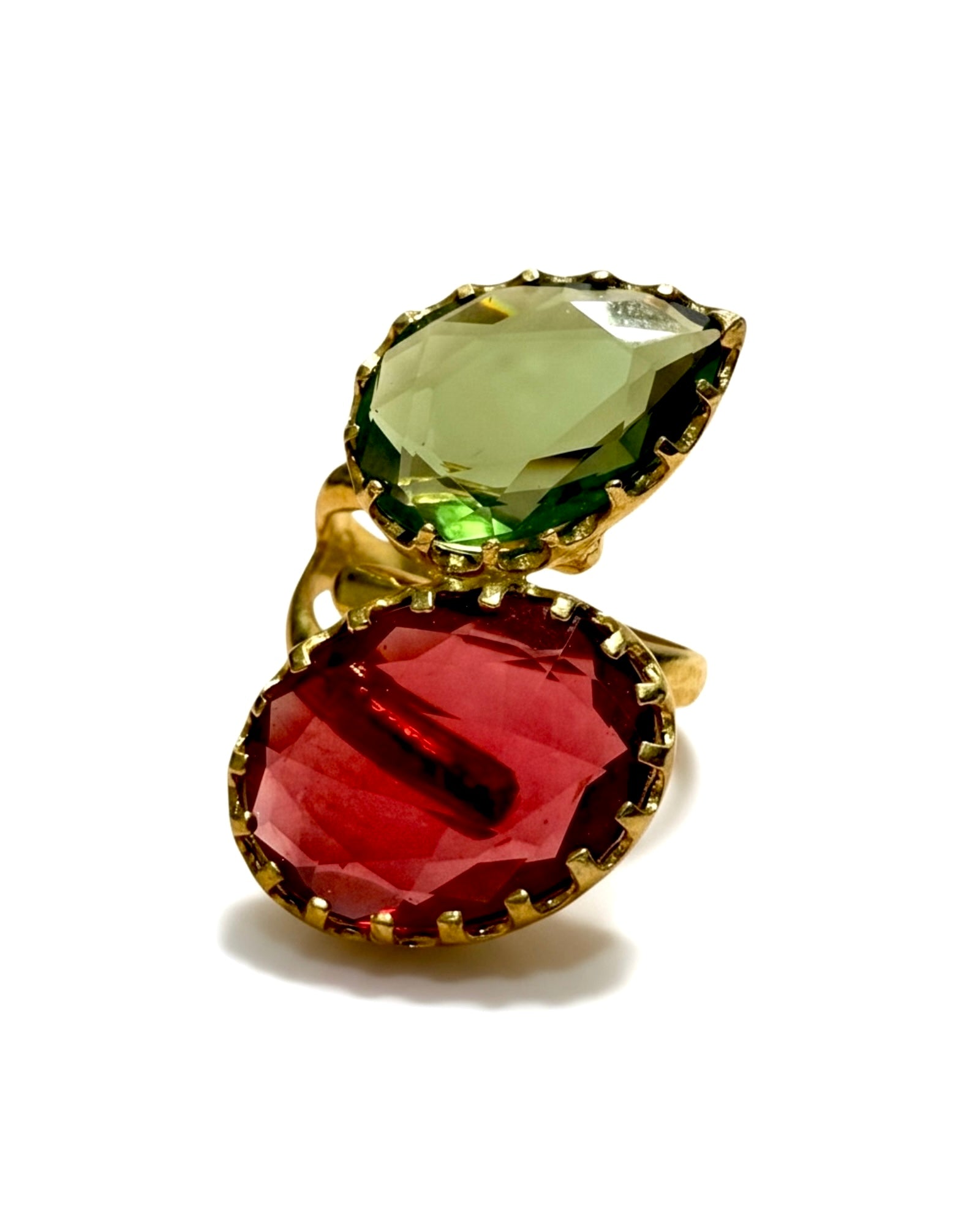 Green and Red Drop Ring in Gold-Plated Silver
