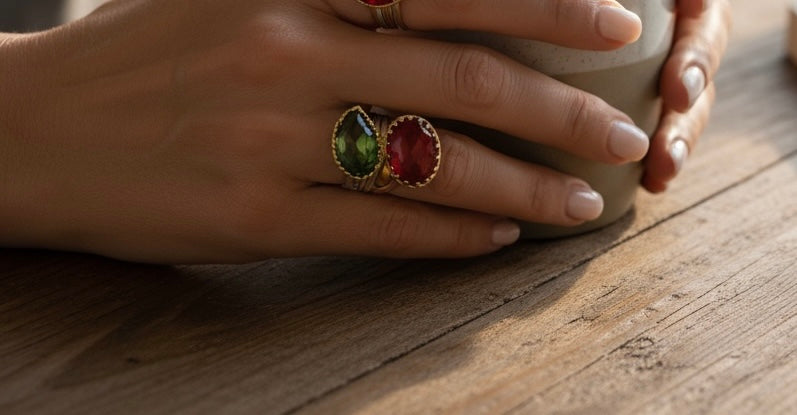 Green and Red Drop Ring in Gold-Plated Silver