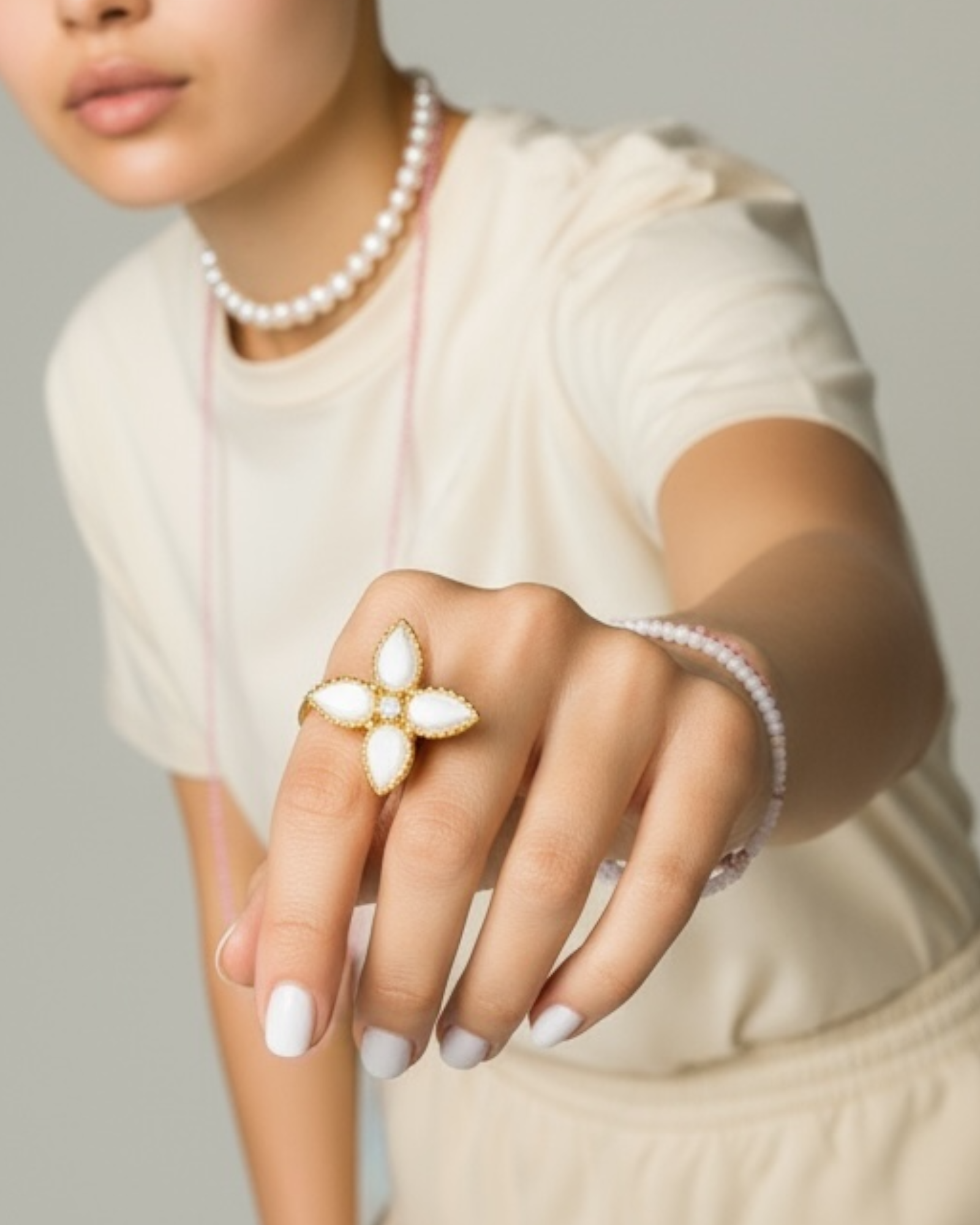 Milky White Flower Ring in Gold-Plated Silver