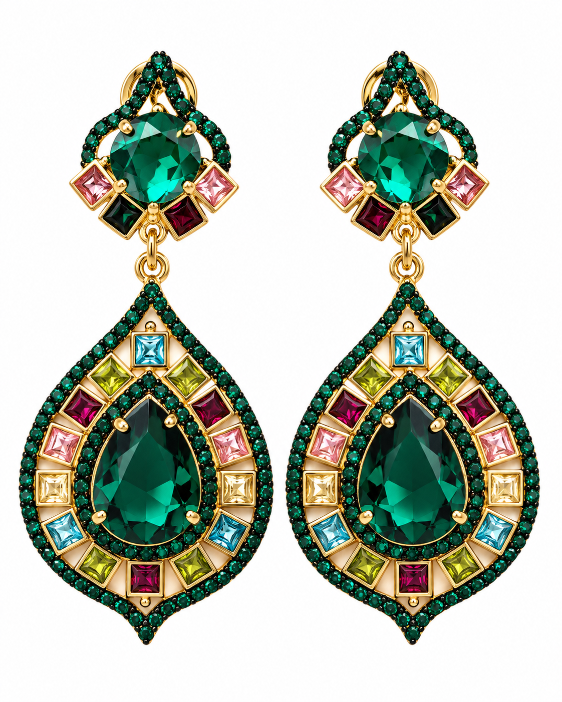 Drop Earrings with Pink and Green Stones in Gold-Plated Silver