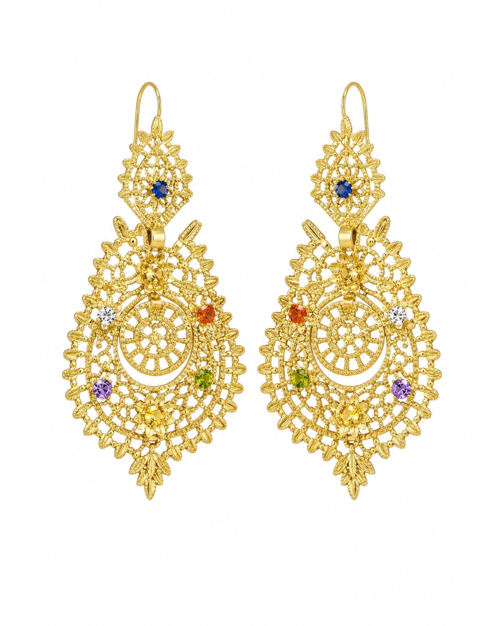 Brincos à Rainha com Zircónias Coloridas em Prata Dourada