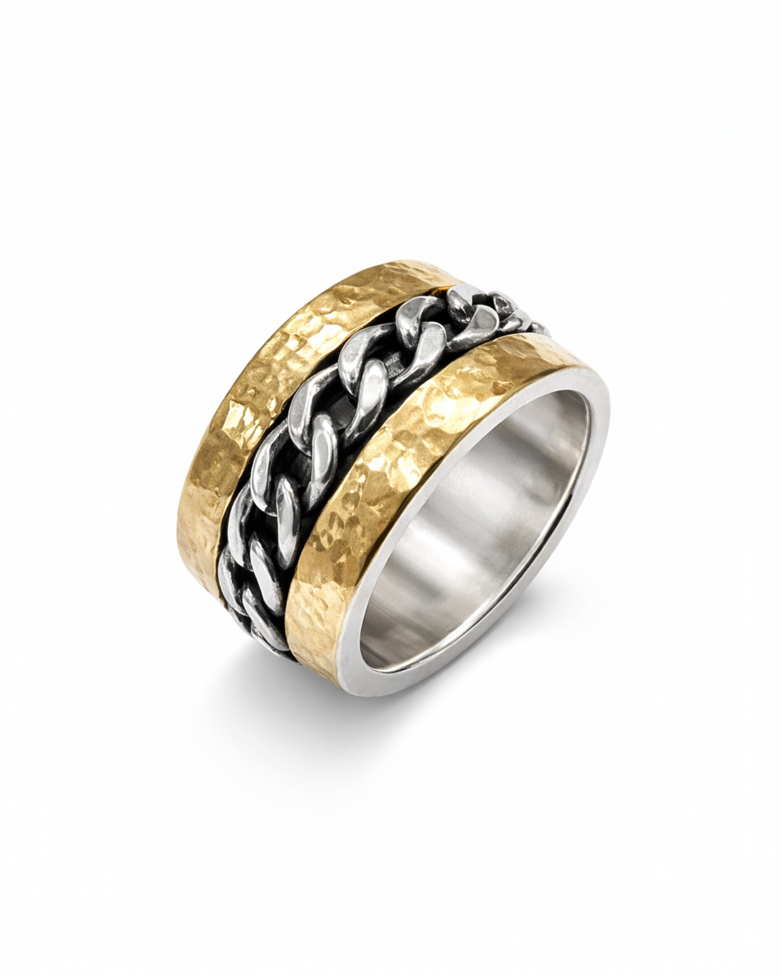 Anti-stress ring/band with chain in silver and gold.