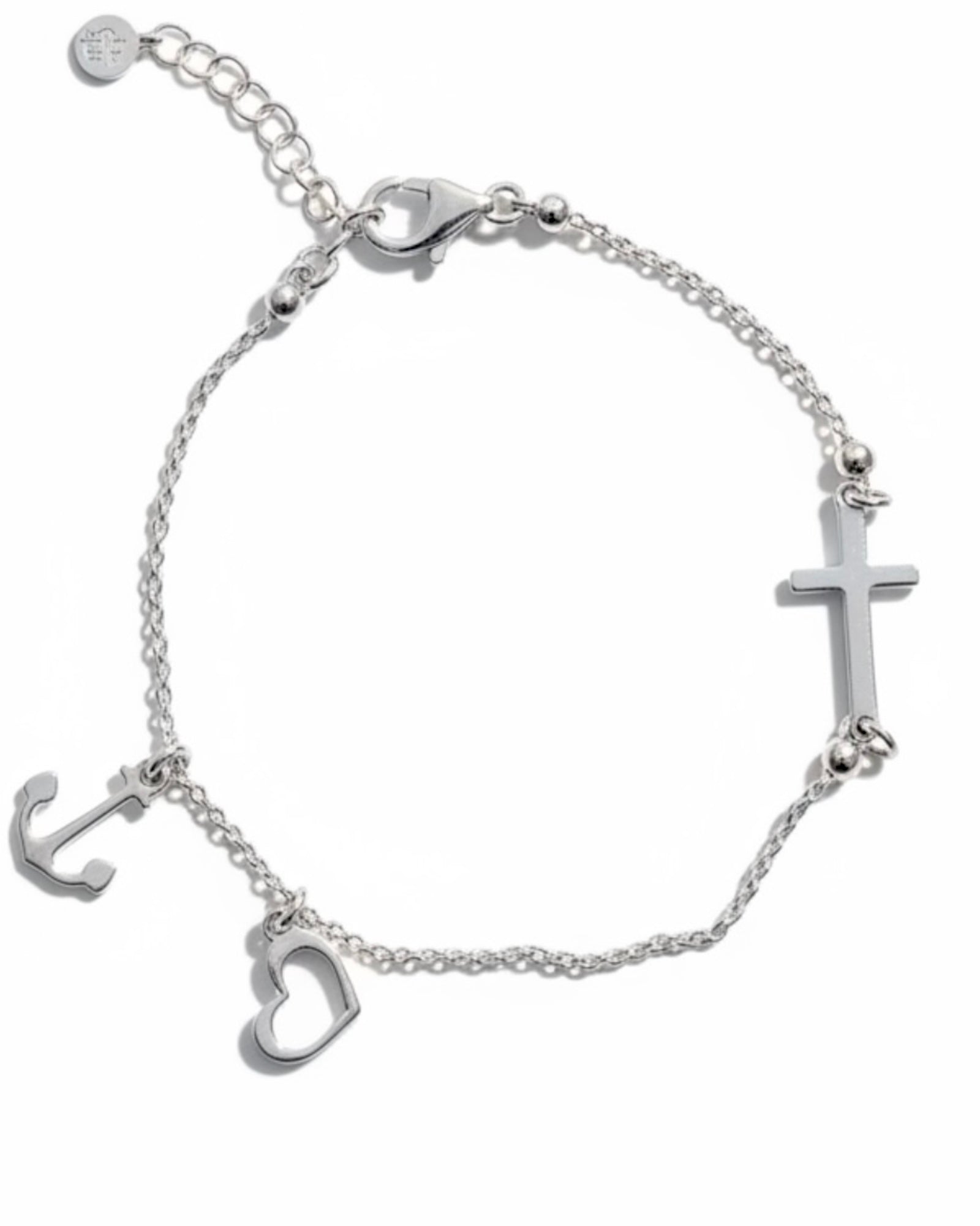 Pulseira Cruz com Âncora e Coração em Prata