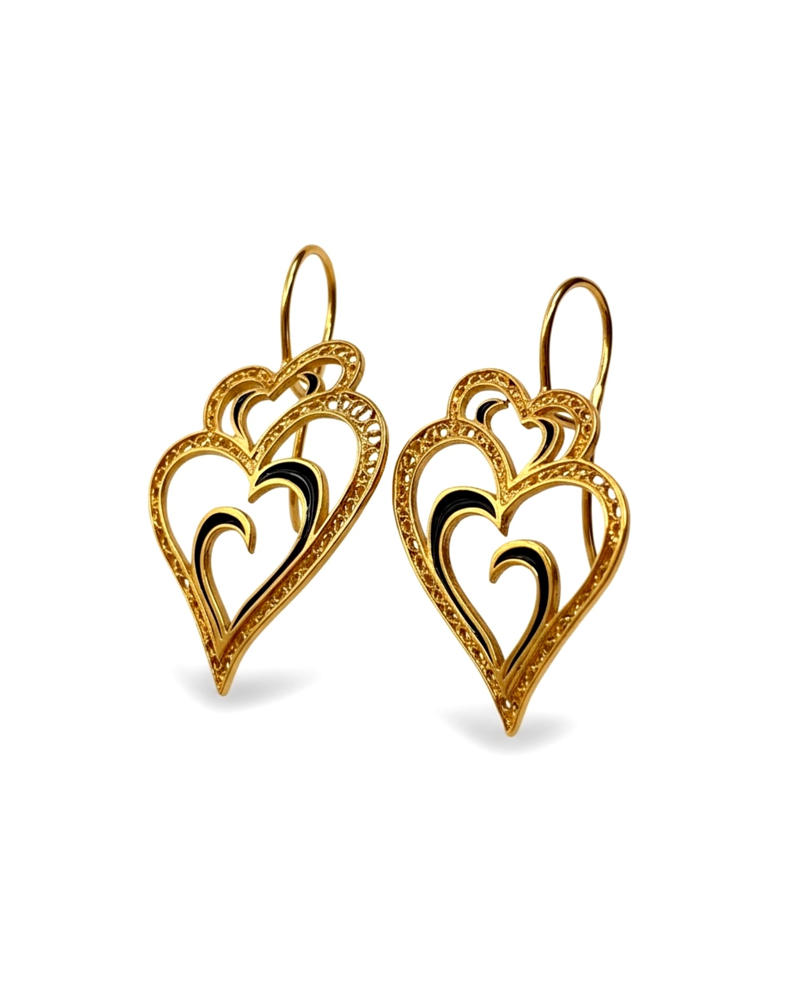 Viana is Love Heart Earrings with Black Enamel on Gold Plated Silver