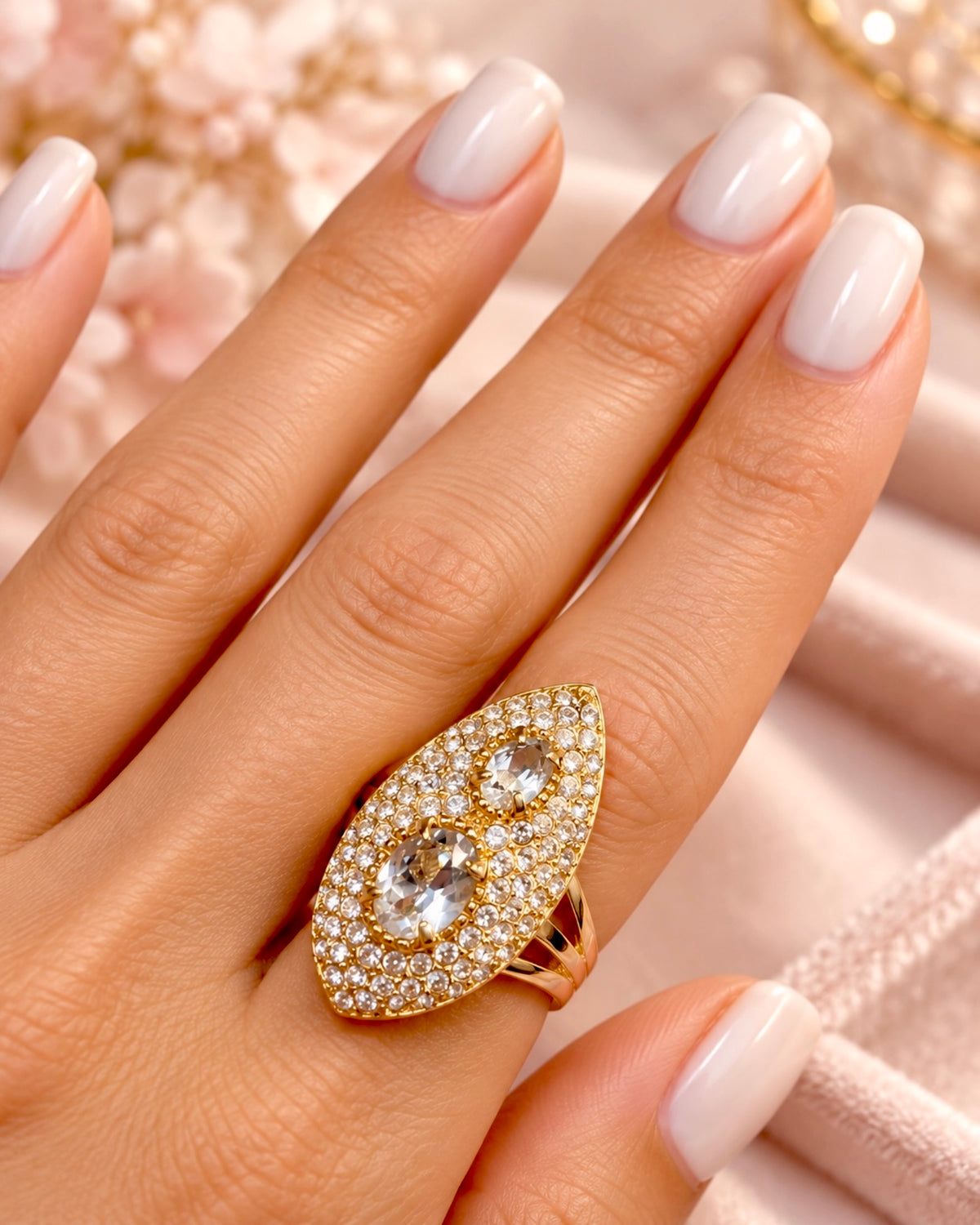 Rectangular Stone Ring with Nude Stone in Gold-Plated Silver