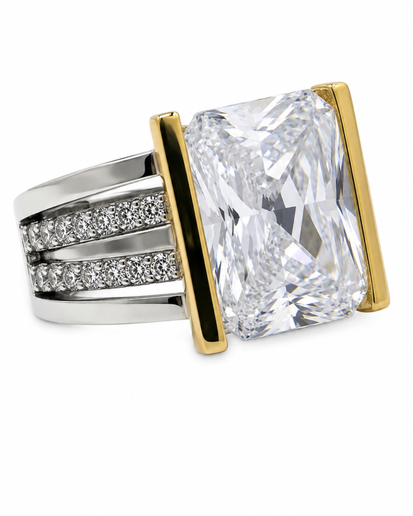 Anel Bicolor em Prata e Ouro com Pedra Central Retangular