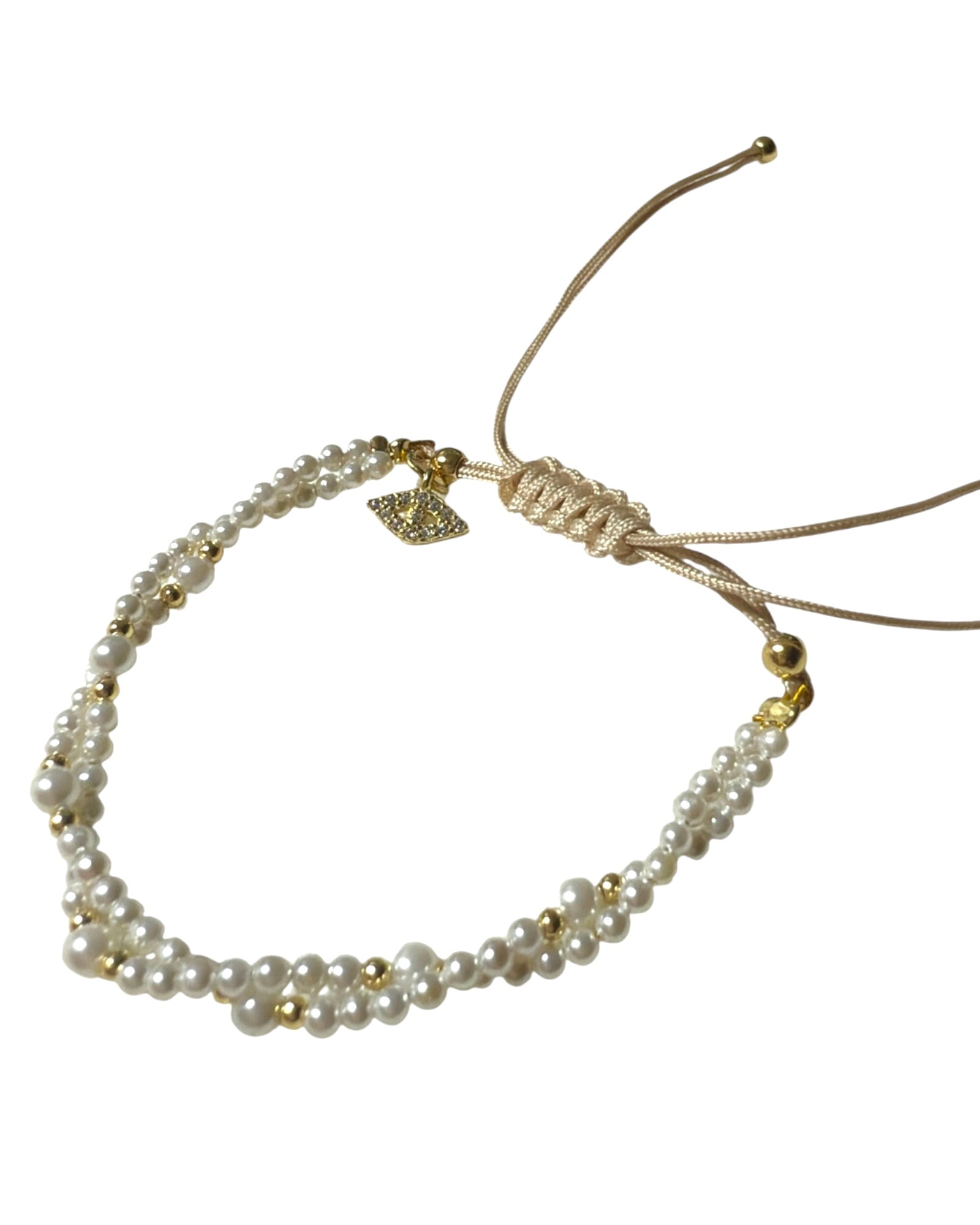 Pulseira Pérolas com Olho em Prata Dourada