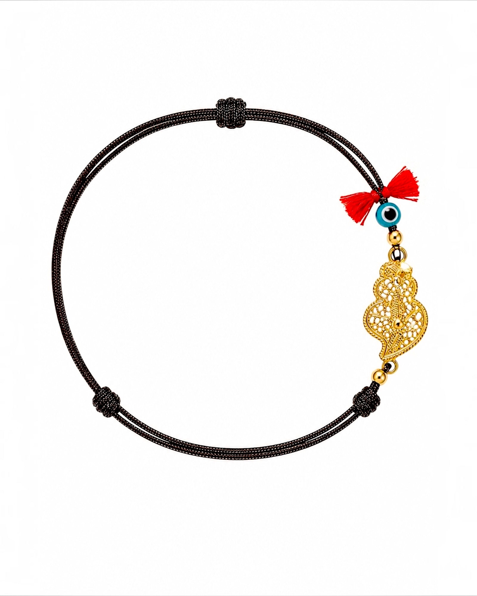 Pulseira Seda Castanha com  Coração de Viana em Prata Dourada