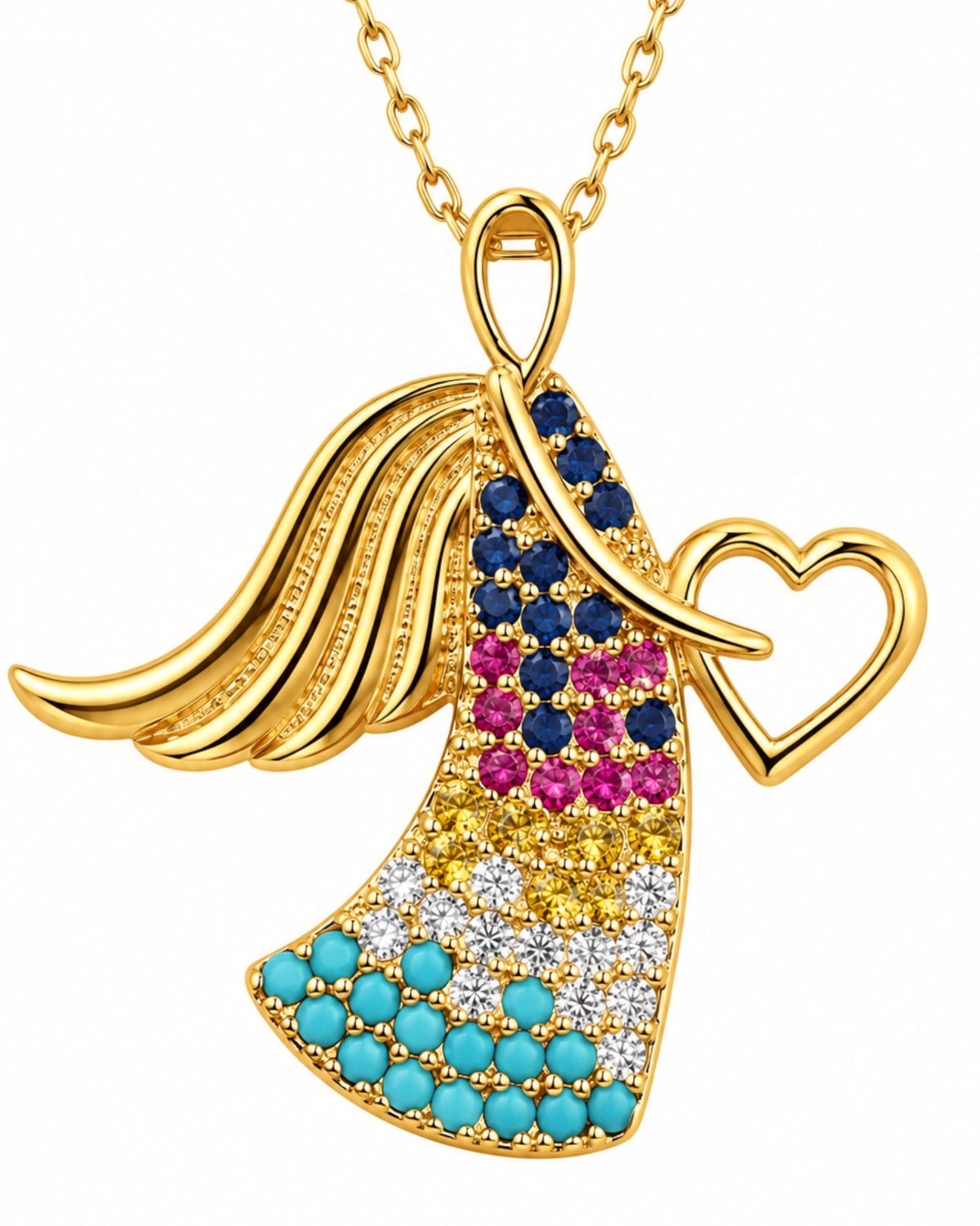 Colar Anjo com Cores em Prata Dourada