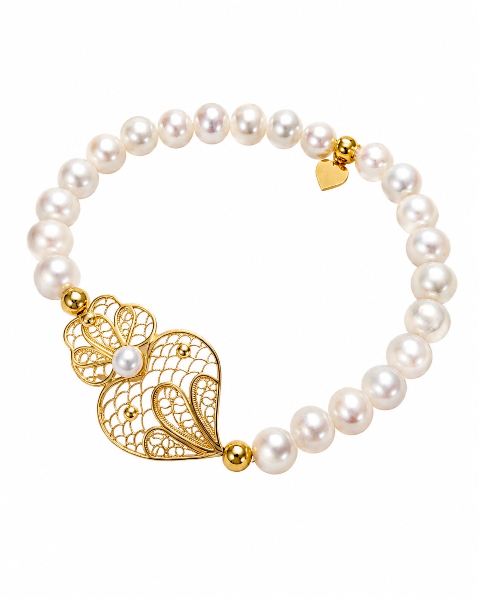Pulseira de Pérolas com Coração de Viana em Prata Dourada