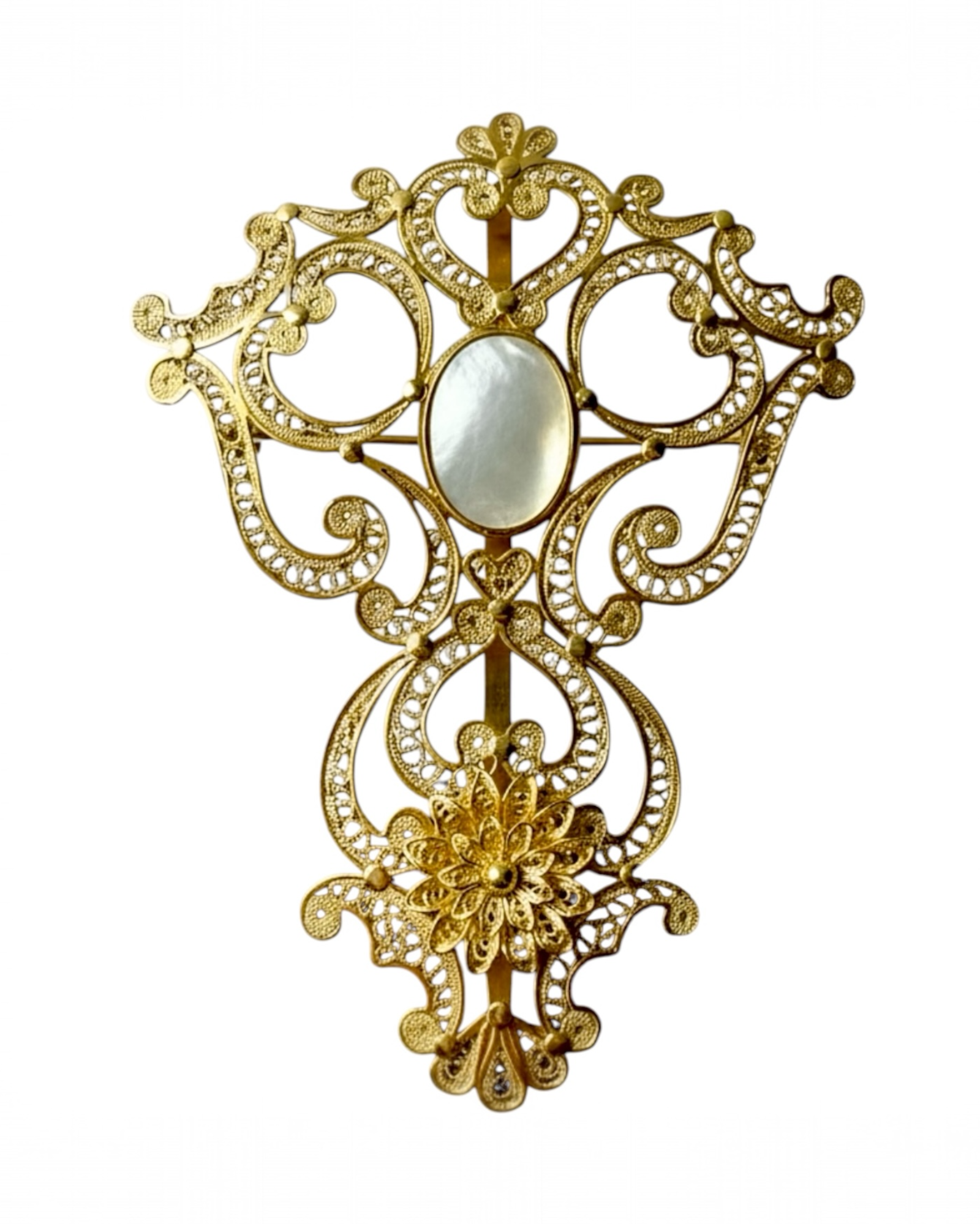 Medalha e Alfinete Laça em Prata Dourada e Madrepérola