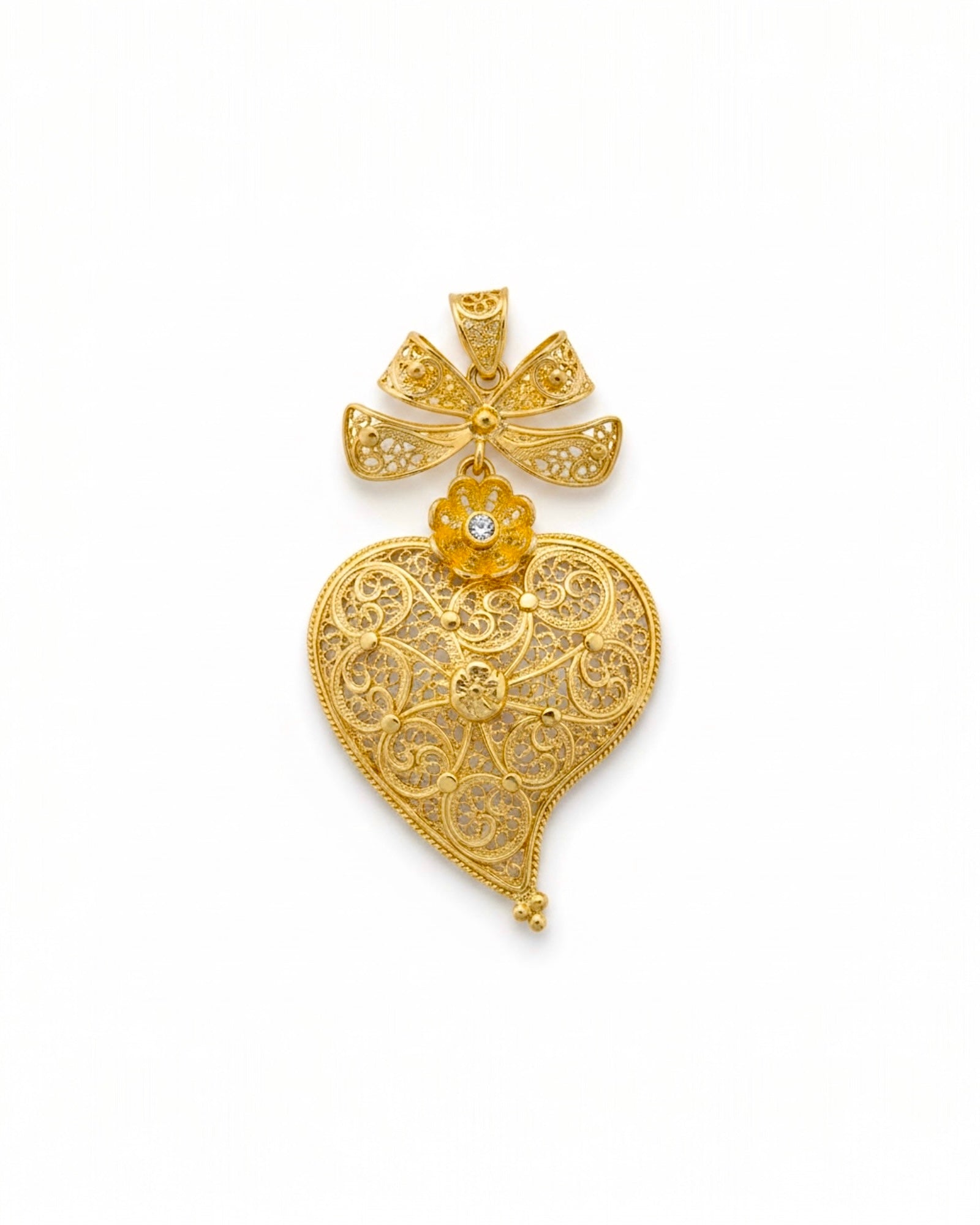 Medalha Coração de Viana com Laço em Prata Dourada - 4.5cm