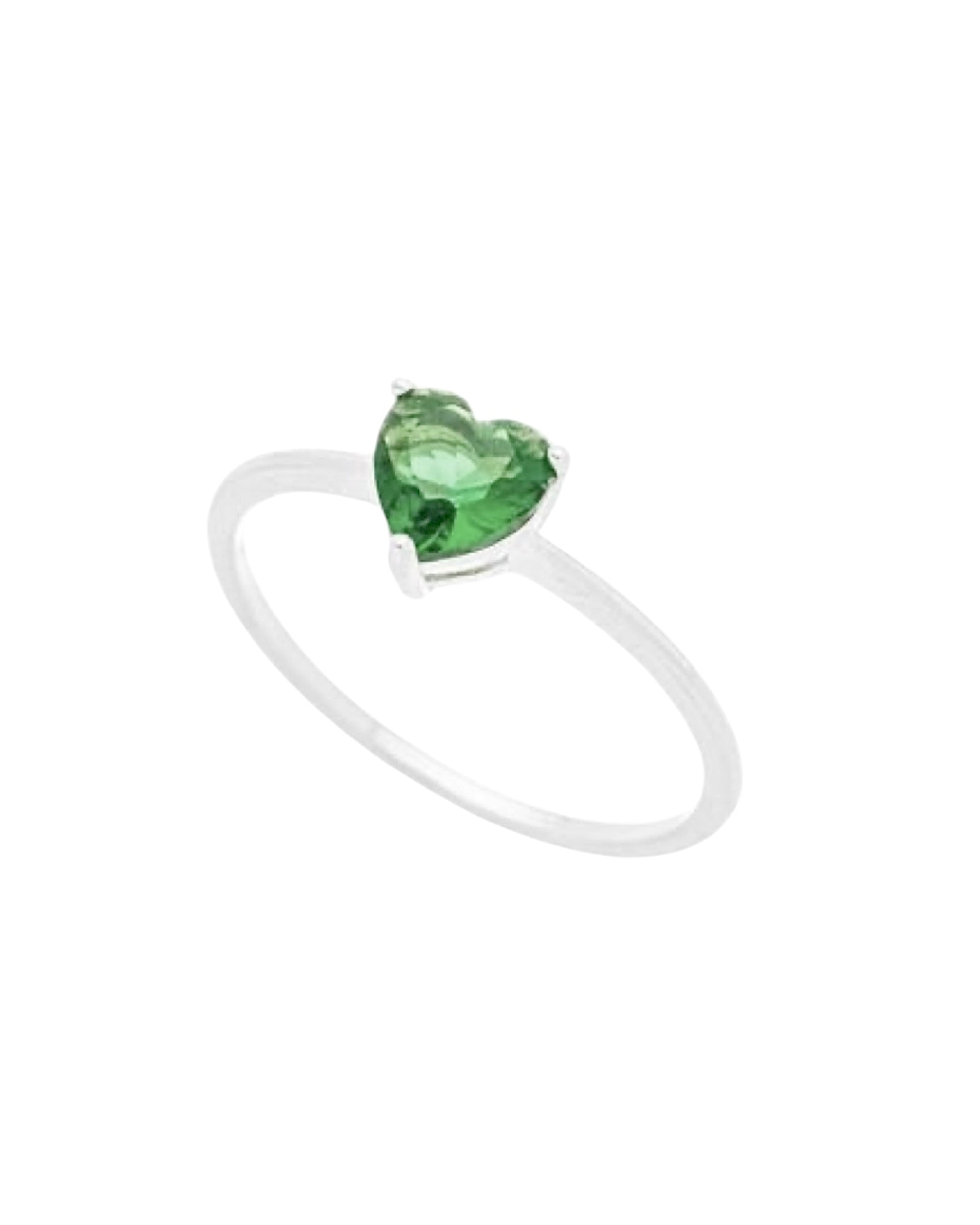 Green Heart Solitaire Ring in Silver