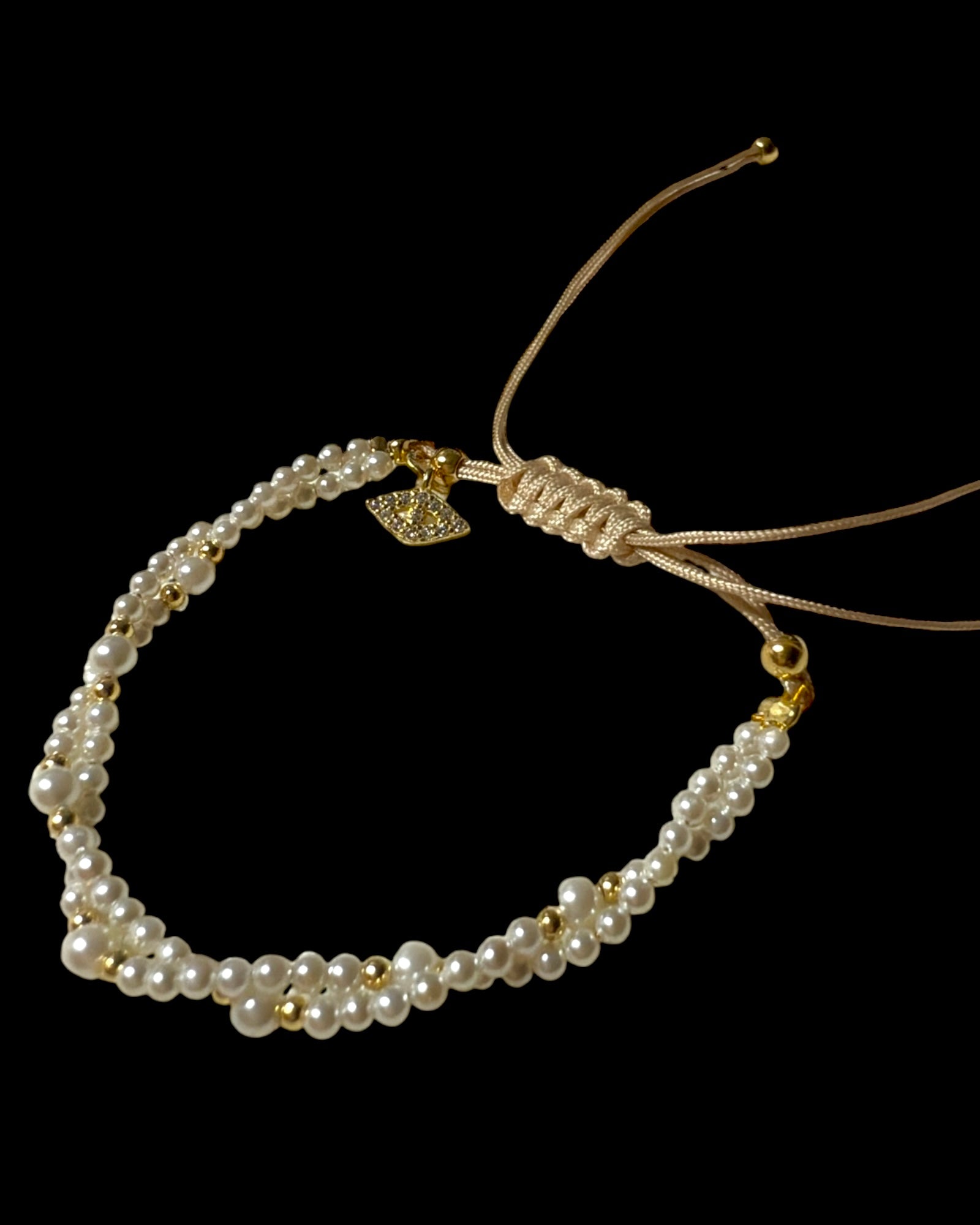 Pulseira Pérolas com Olho em Prata Dourada