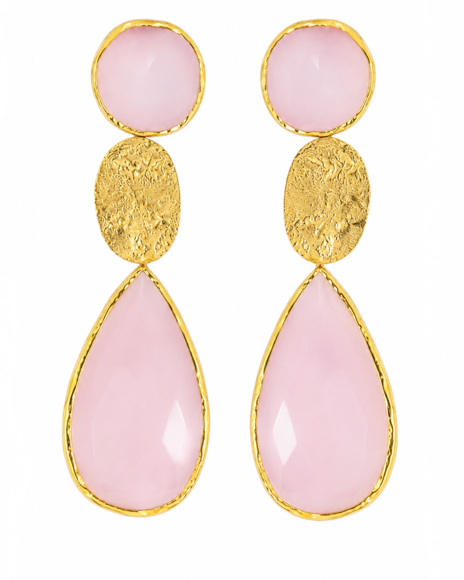Brincos Gotas Rosa e Chapa em Prata Dourada