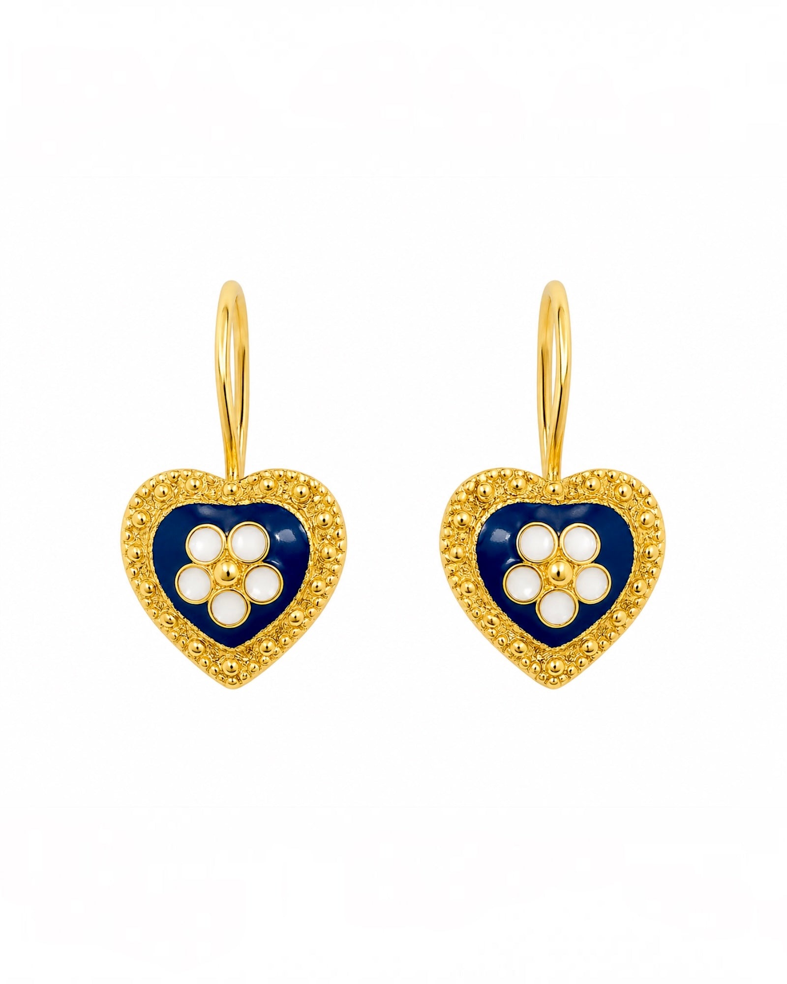 Brincos Tradicionais Coração Caramujo em Prata Dourada 925% com Esmalte Azul com Gancho