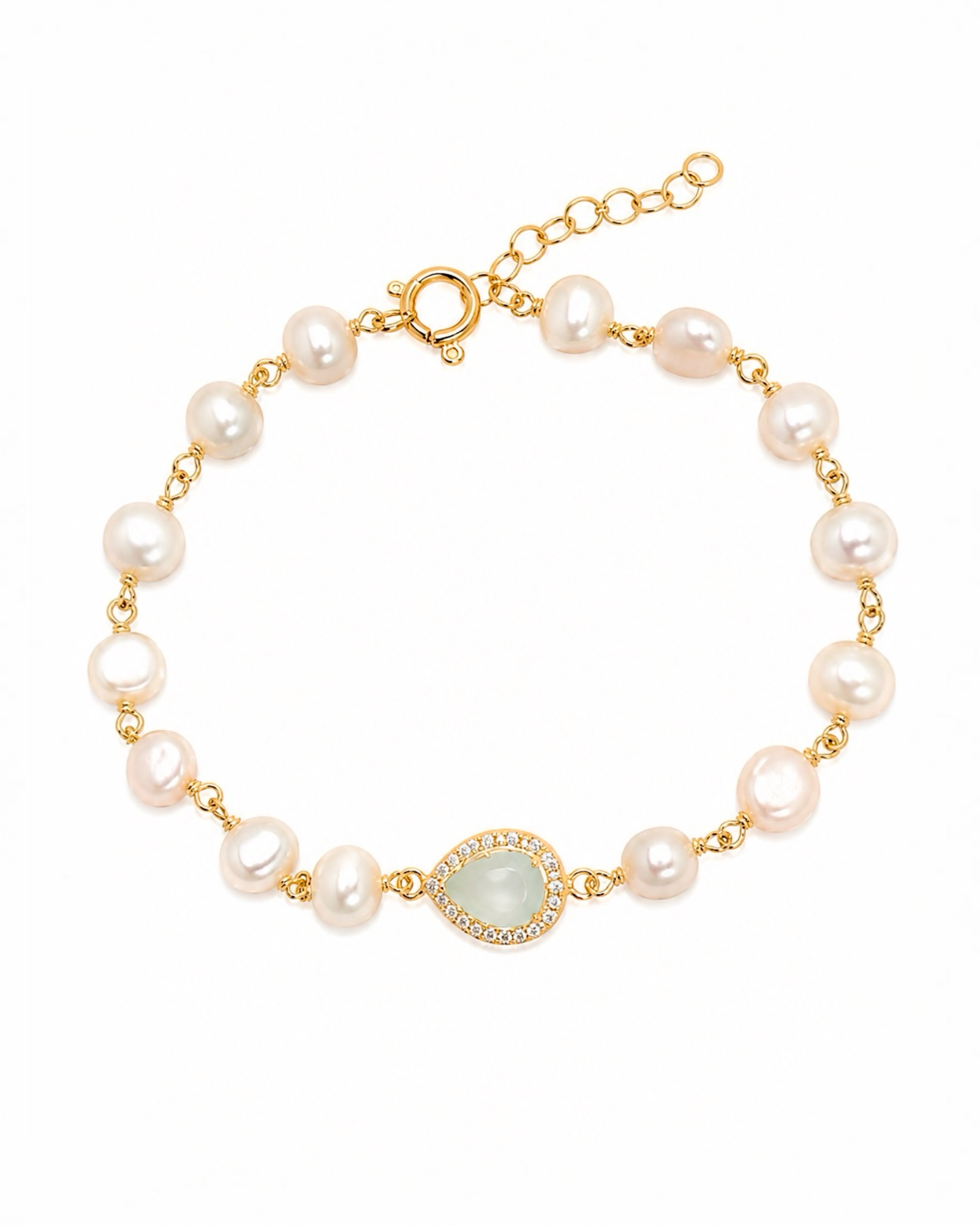 Pulseira Pérolas em Prata Dourada com Pedra Verde Água