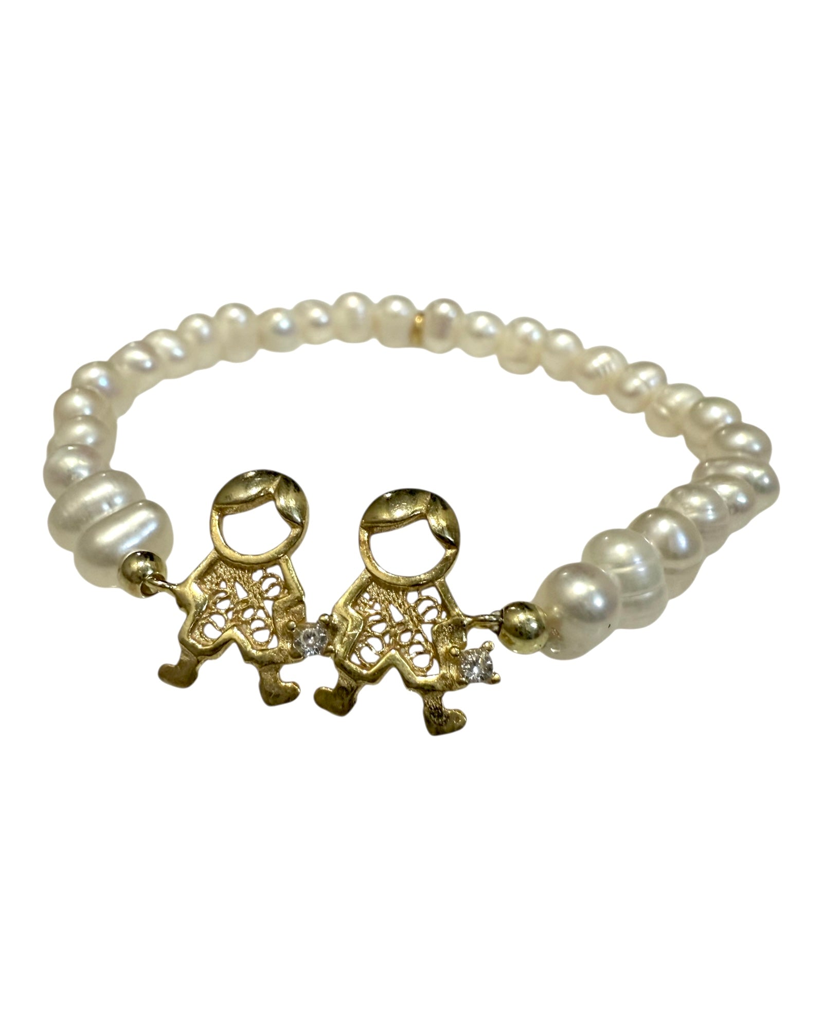 Pulseira Com Dois Meninos em Pérolas e Prata Dourada