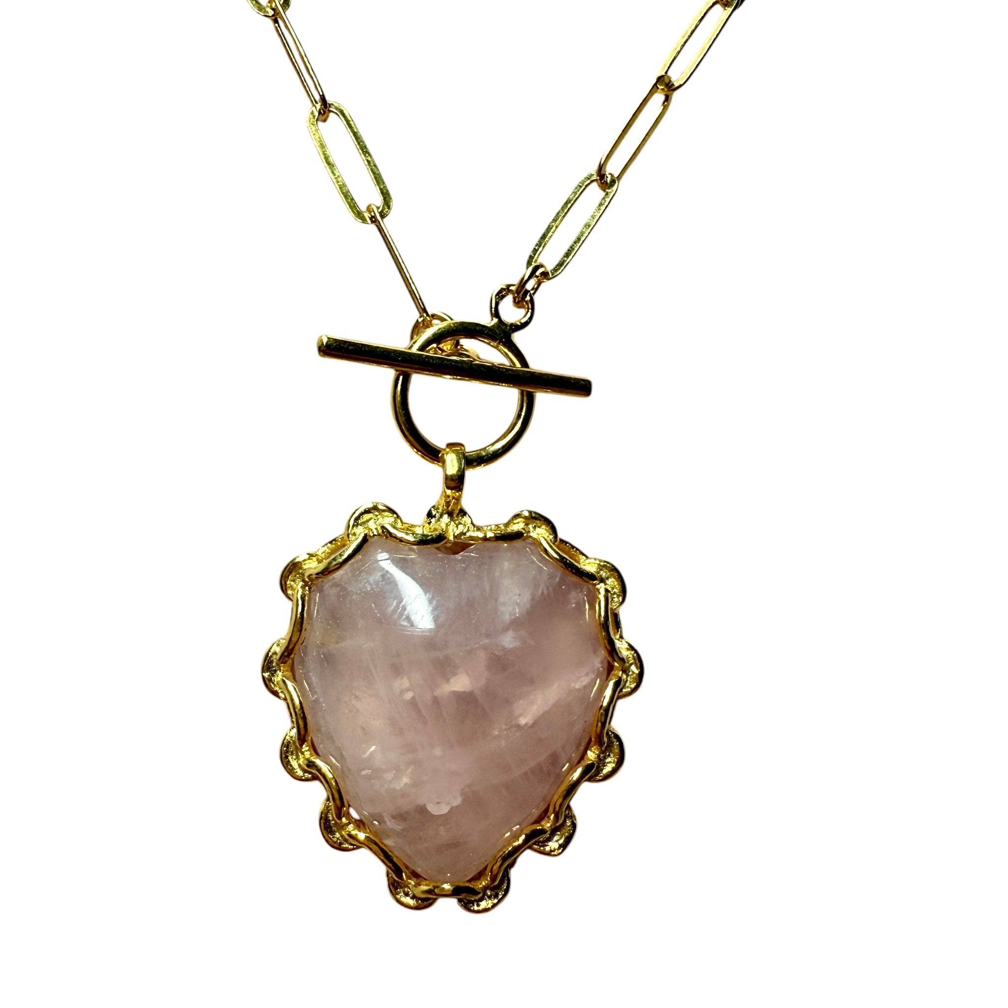 Colar com Coração em Quartzo Rosa e Corrente em Prata Dourada