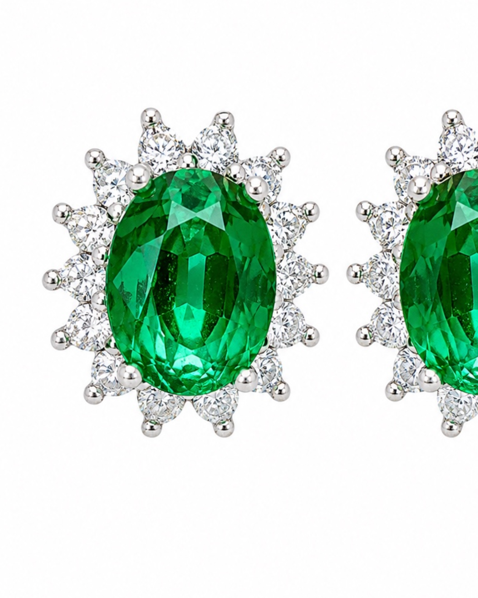 Brincos Lady Di em Prata Branca com Pedra Verde