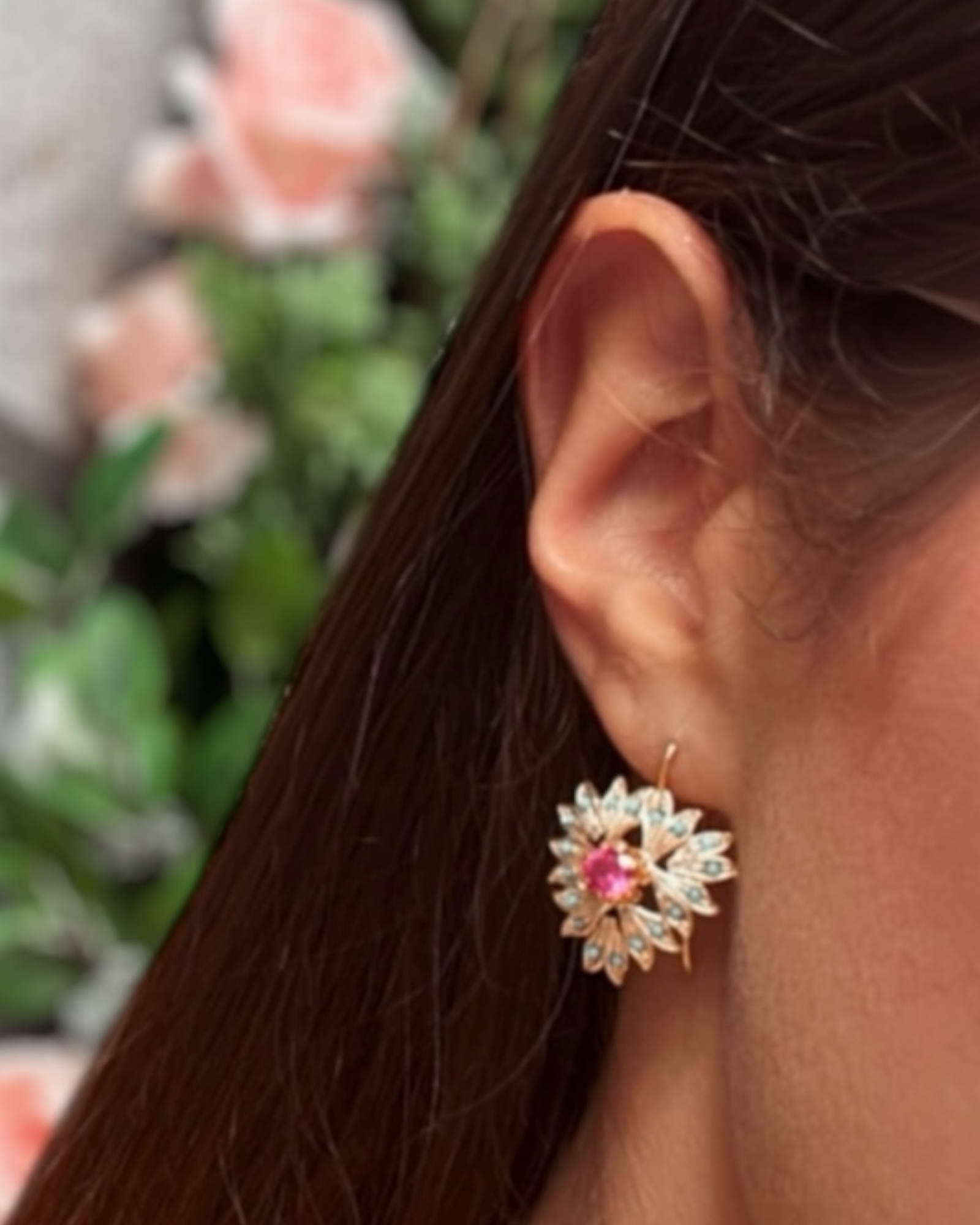 Earrings with Pink and Turquoise Stones in Gold-Plated Silver