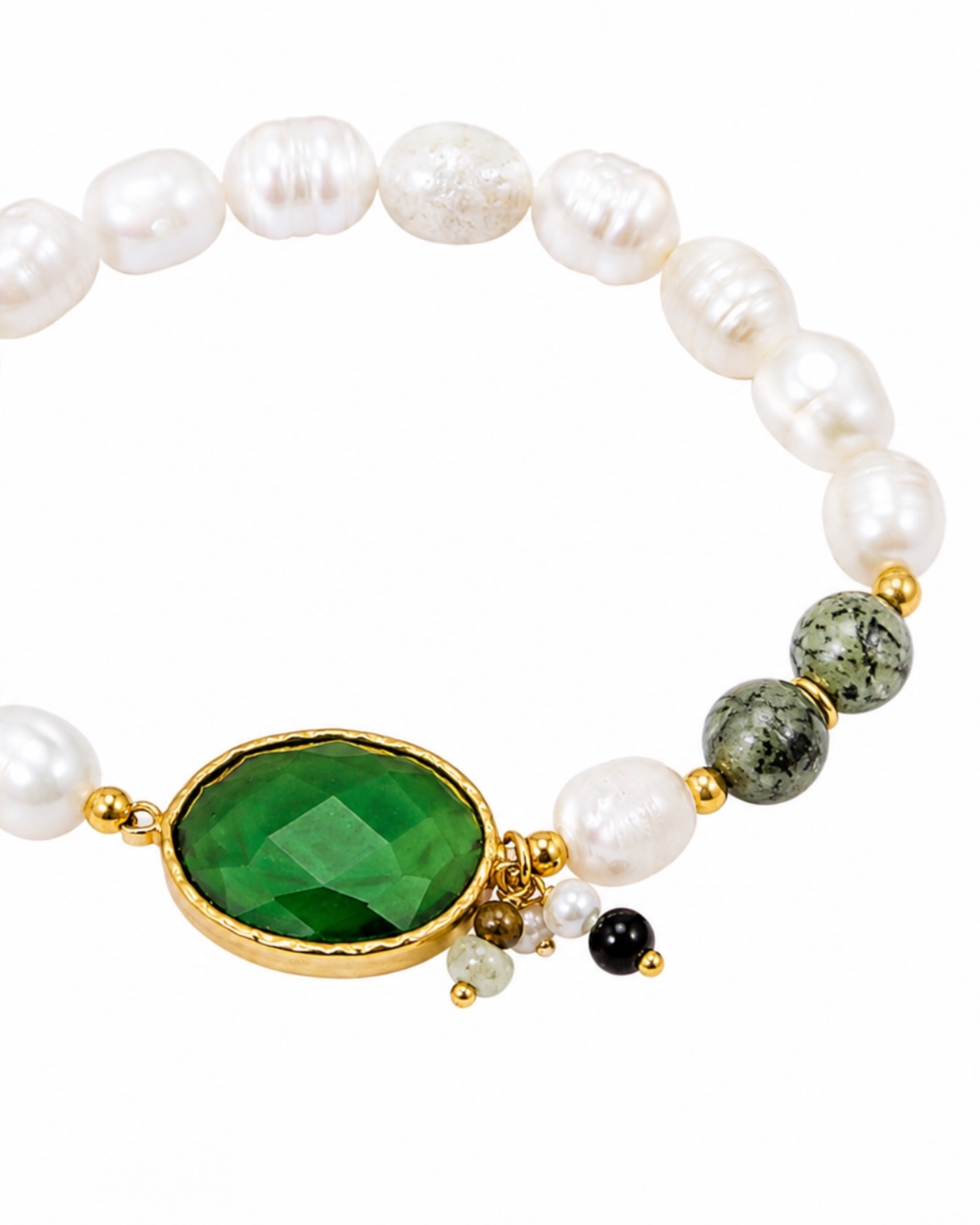 Pulseira Pérolas em Prata Dourada com Pedras em Tons Verde