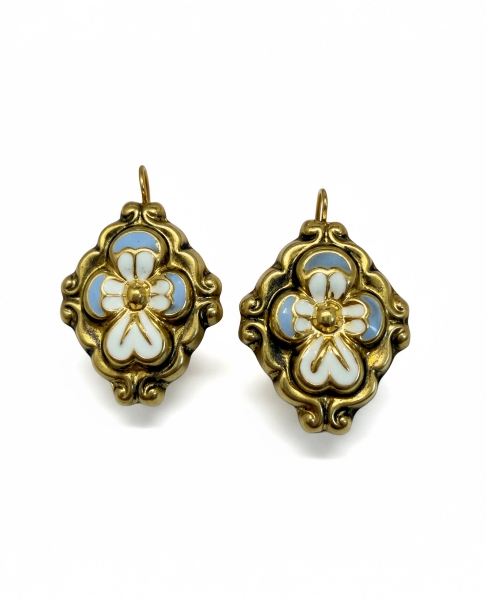 Light Blue Baroque Earrings with Gold-Plated Silver Flowers