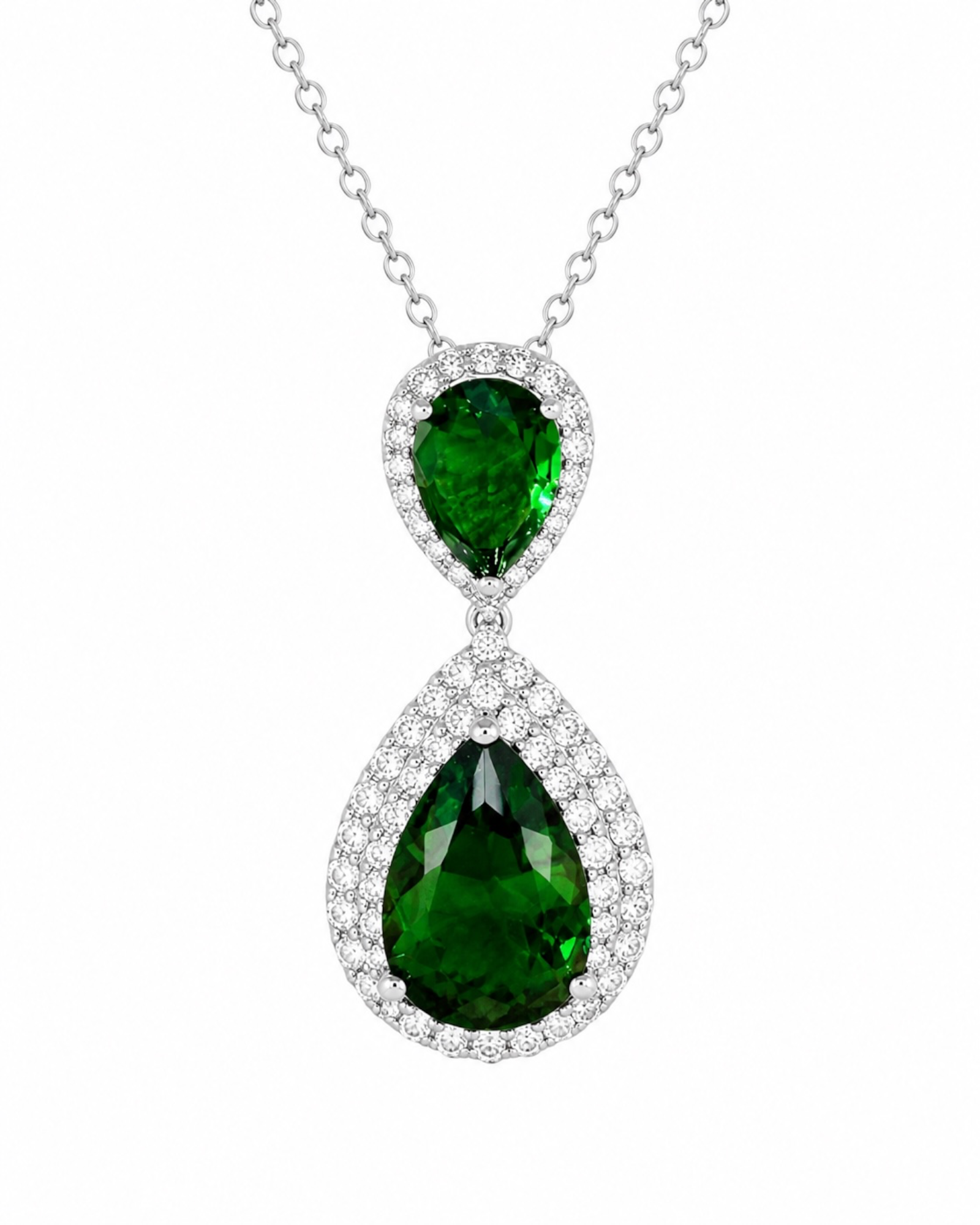 Green Teardrop Necklace in Silver