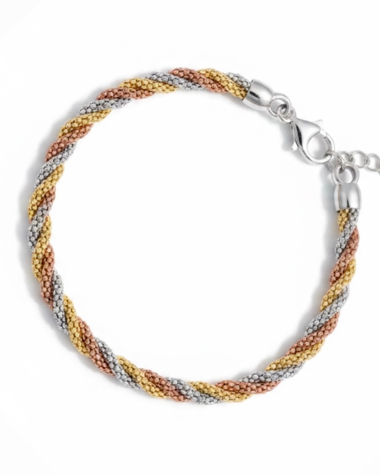 Pulseira Torcida em Prata Branca, Rosa e Dourada