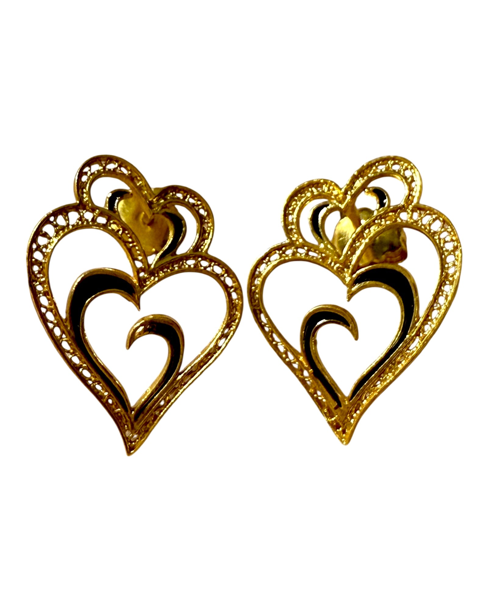 Viana is Love Heart Earrings with Black Enamel on Gold Plated Silver