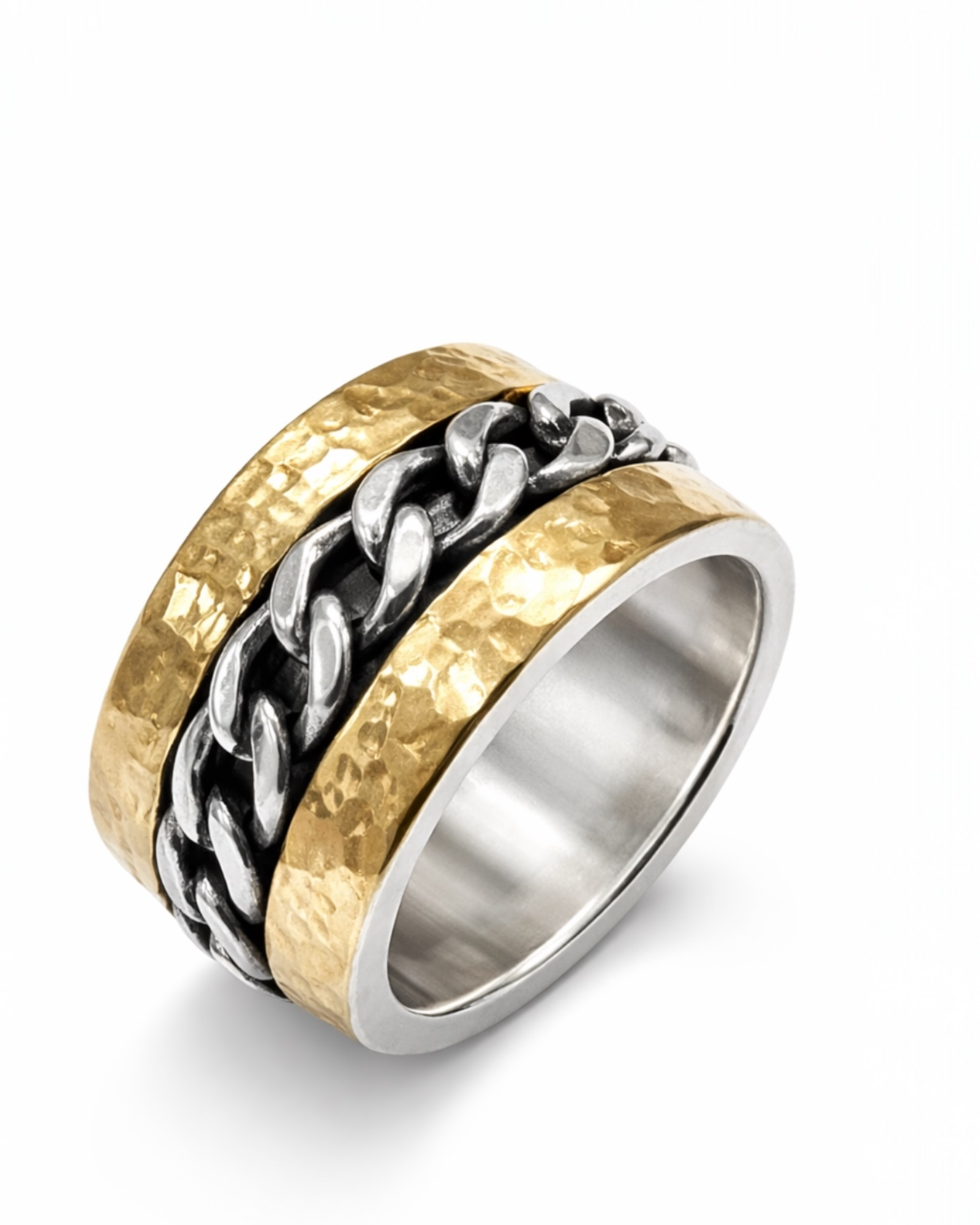 Anti-stress ring/band with chain in silver and gold.