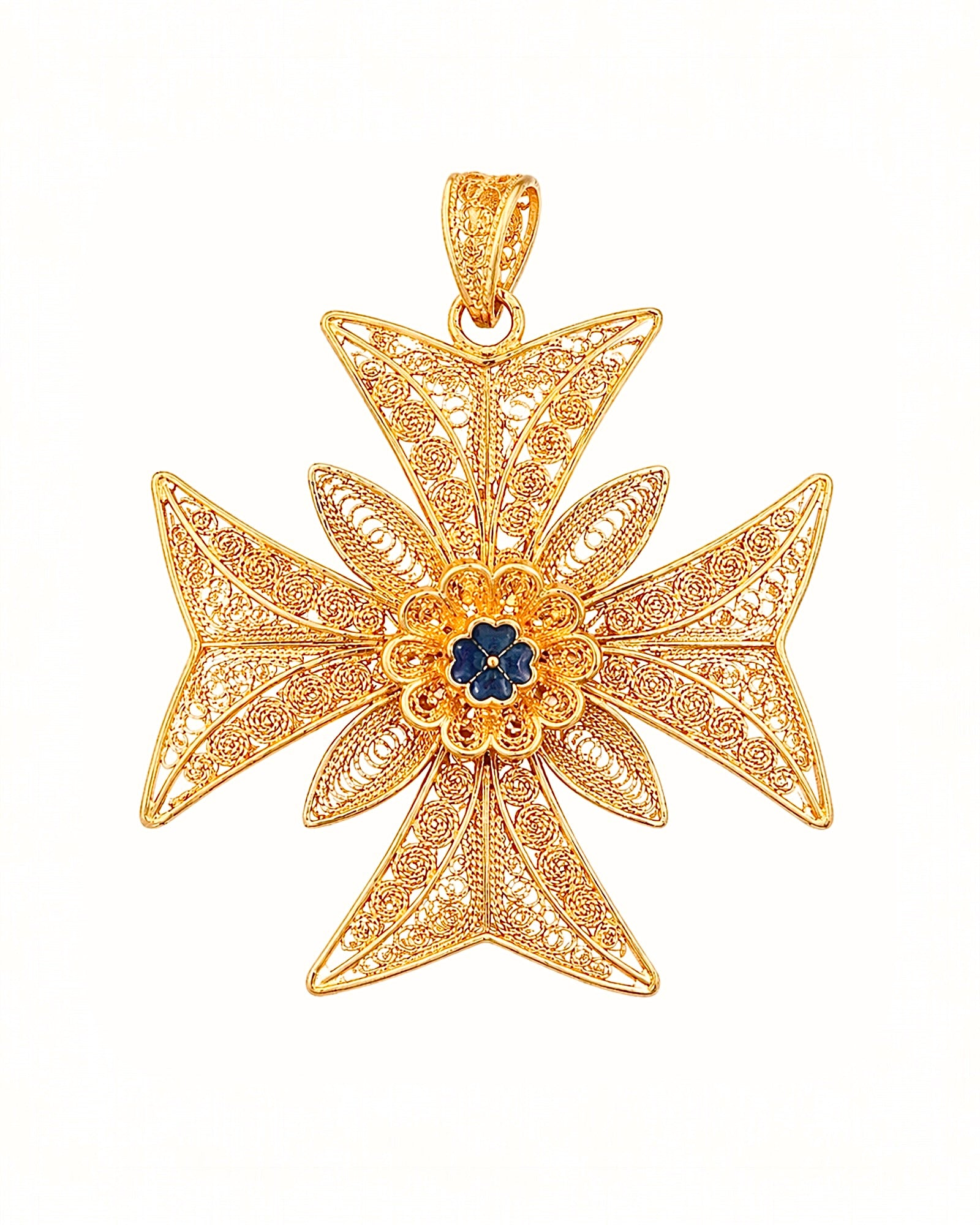 Medalha Cruz de Malta em Prata Dourada com Esmalte Azul