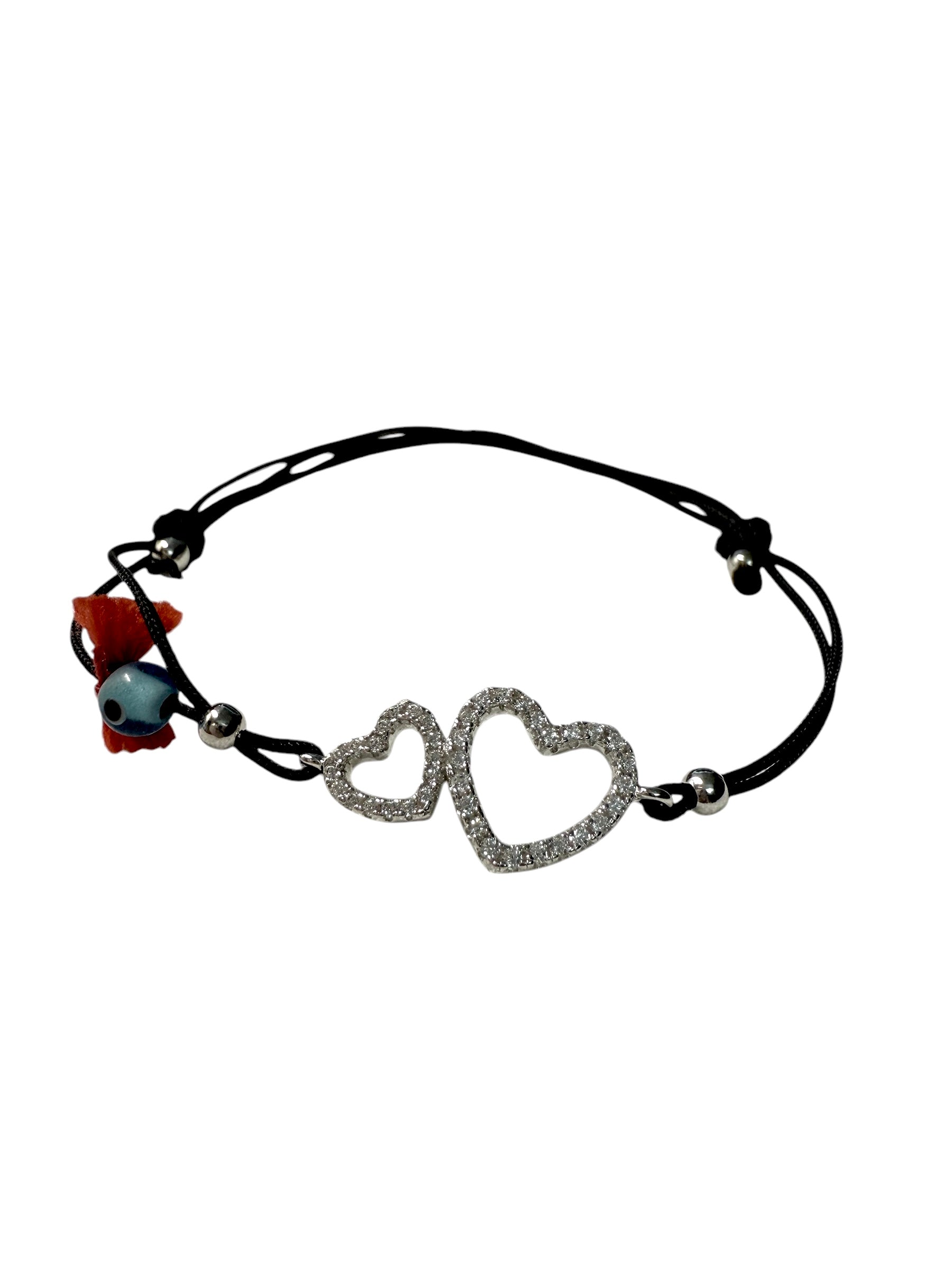 Pulseira Seda Corações em Prata Branca