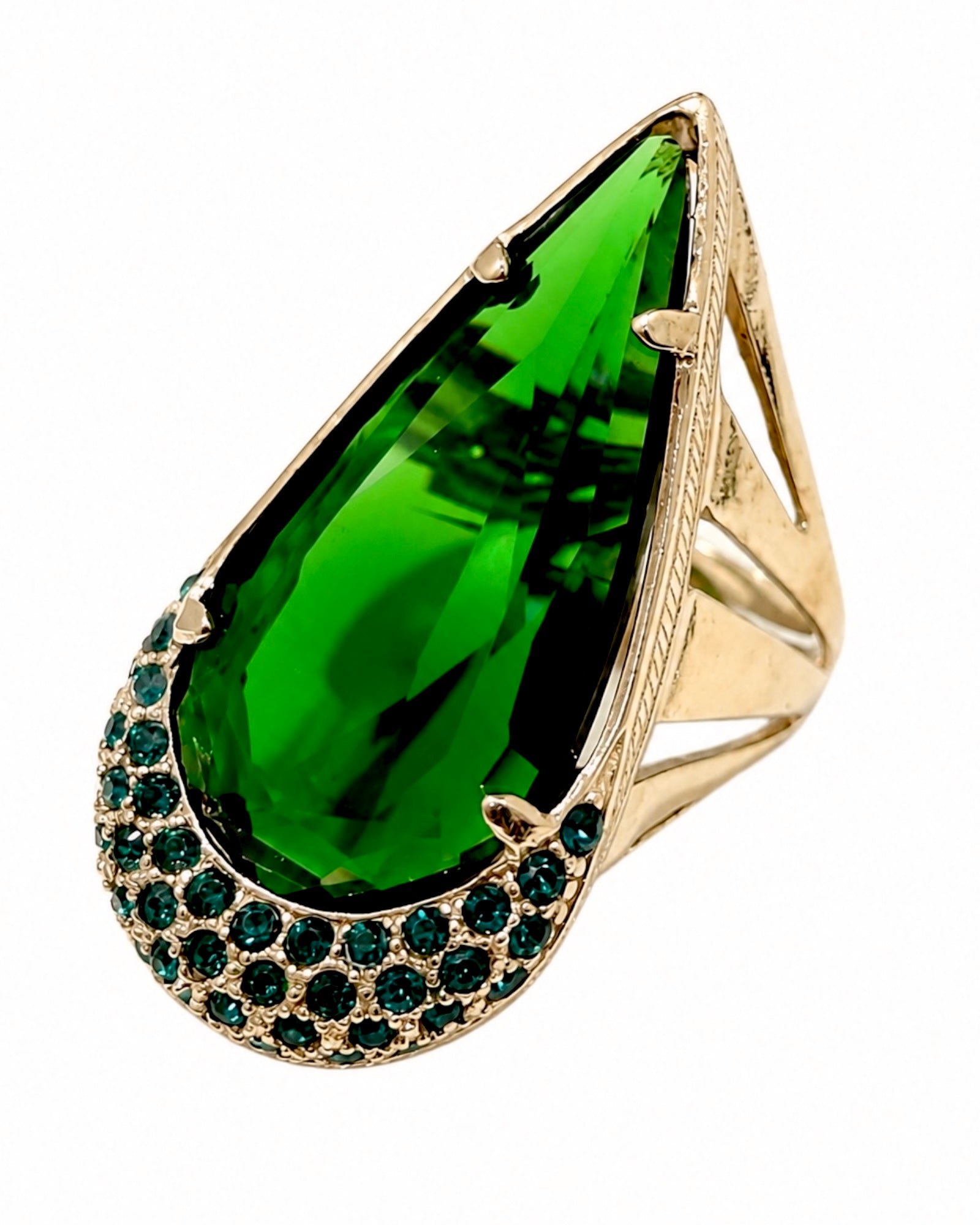 Green Teardrop Ring in Gold-Plated Silver